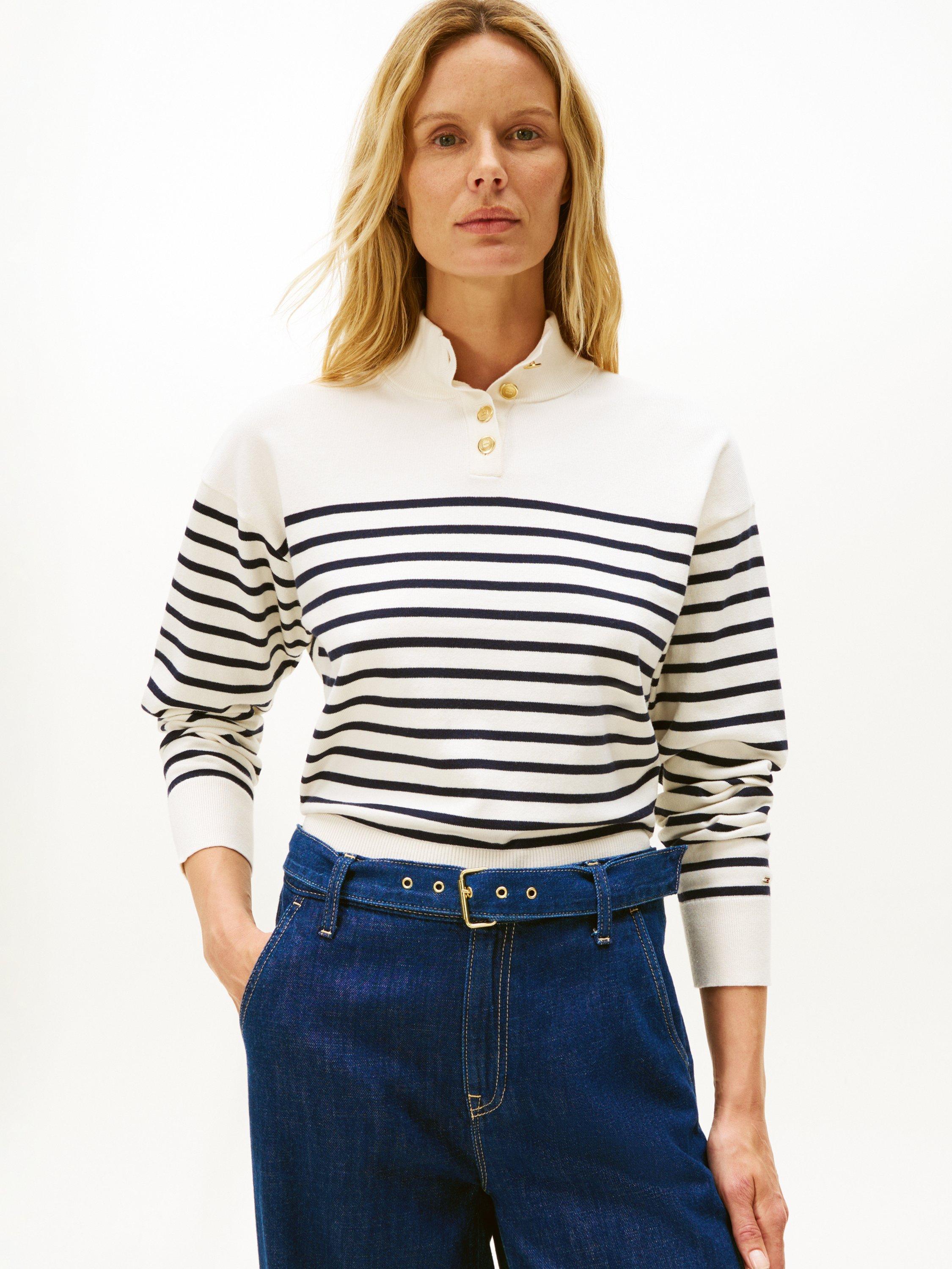 Product image 1 of 5, which shows Tommy Hilfiger Stripe Mock Neck Jumper, White/Blue, XS