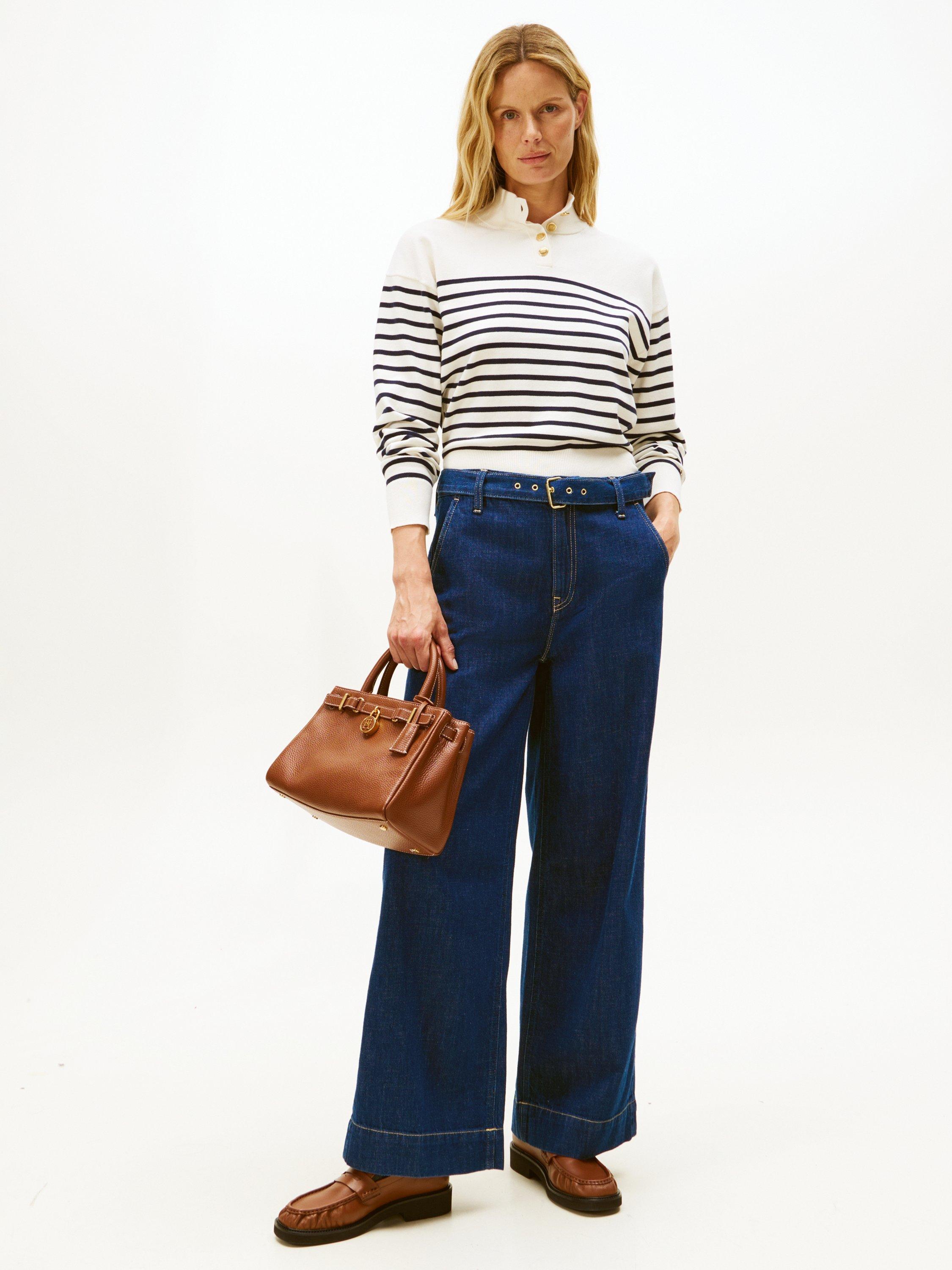 Product image 3 of 5, which shows Tommy Hilfiger Stripe Mock Neck Jumper, White/Blue, XS