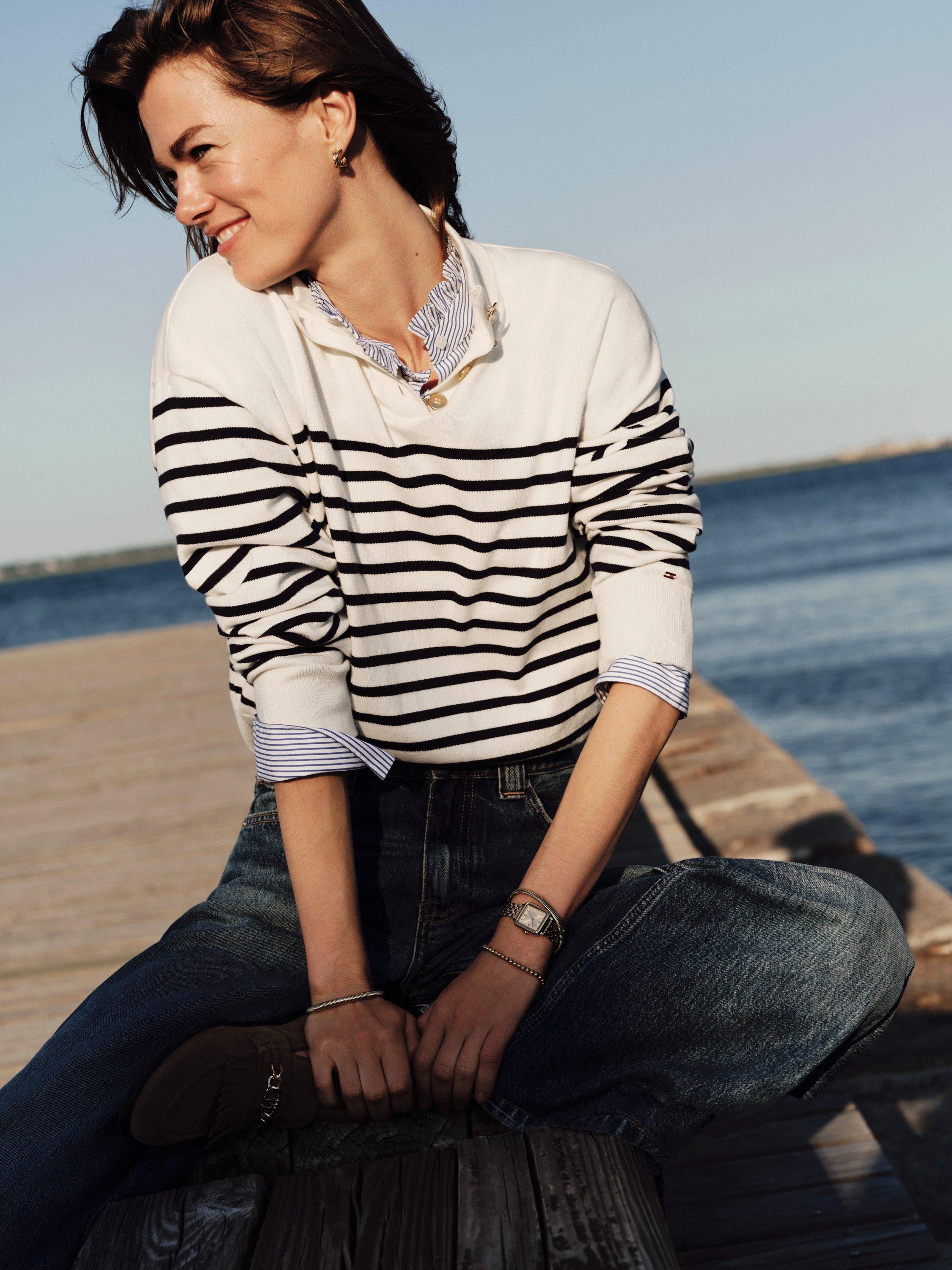 Product image 4 of 5, which shows Tommy Hilfiger Stripe Mock Neck Jumper, White/Blue, XS