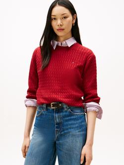 Tommy Hilfiger Fine Cable Knit Crew Neck Jumper, Red