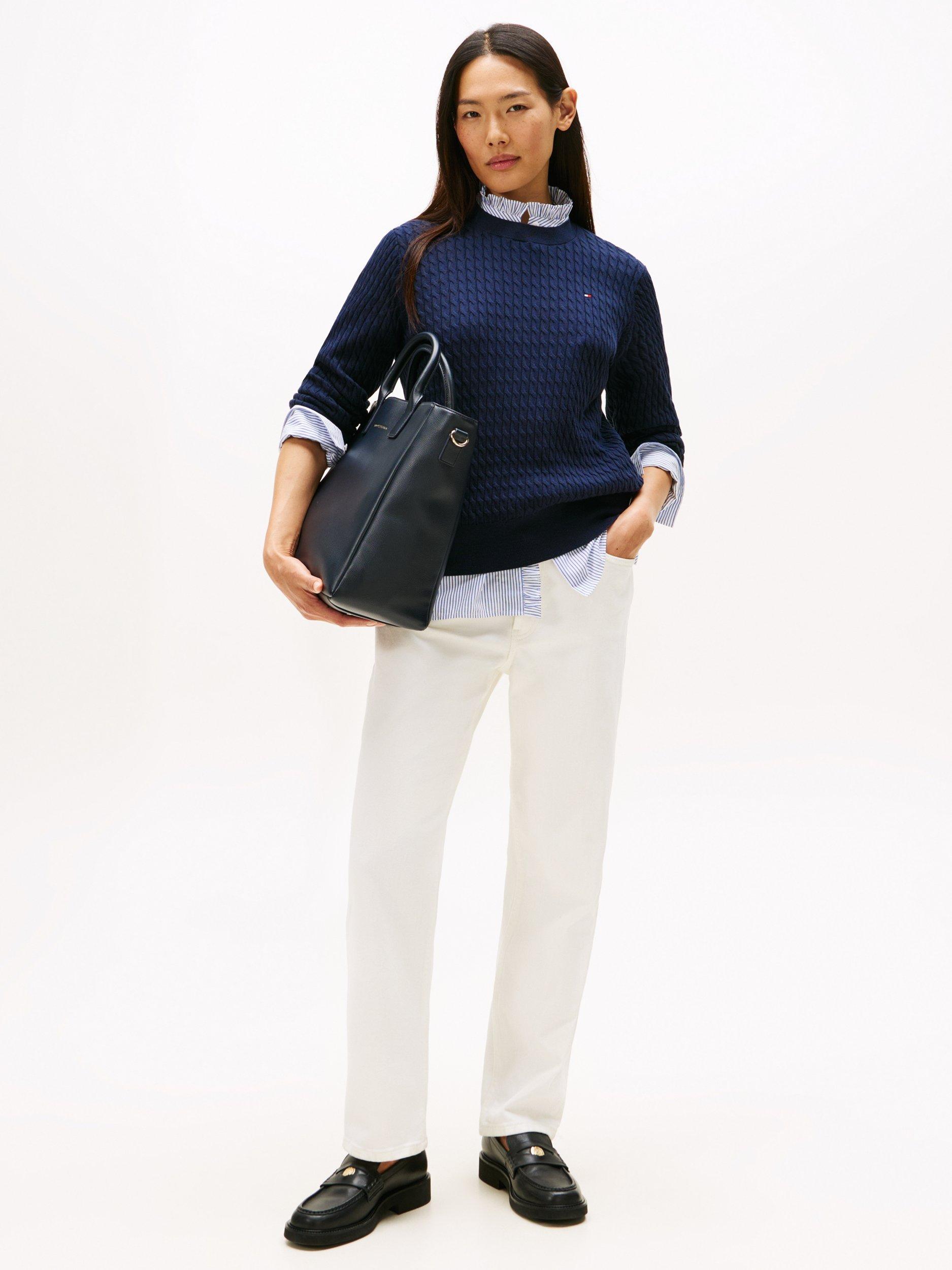 Product image 3 of 5, which shows Tommy Hilfiger Fine Cable Knit Crew Neck Jumper, Navy Blue, S