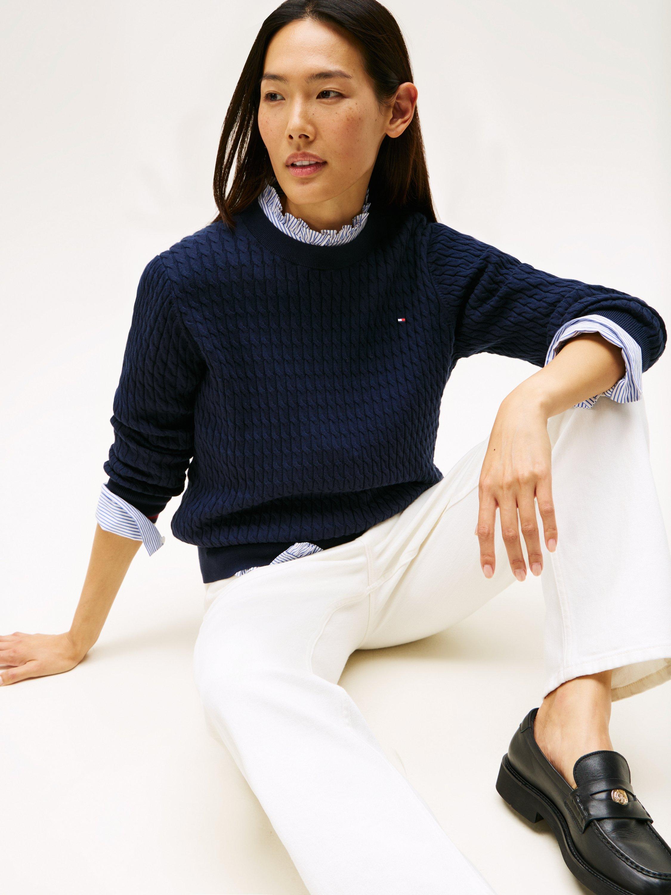 Product image 4 of 5, which shows Tommy Hilfiger Fine Cable Knit Crew Neck Jumper, Navy Blue, S