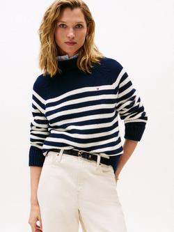 Tommy Hilfiger Stripe Mock Neck Jumper, Blue/White, Blue/White