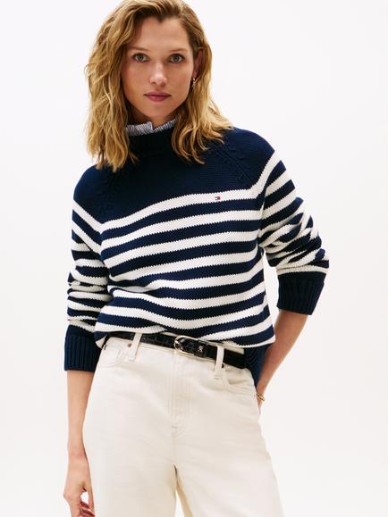 Tommy Hilfiger Stripe Mock Neck Jumper, Blue/White, Blue/White