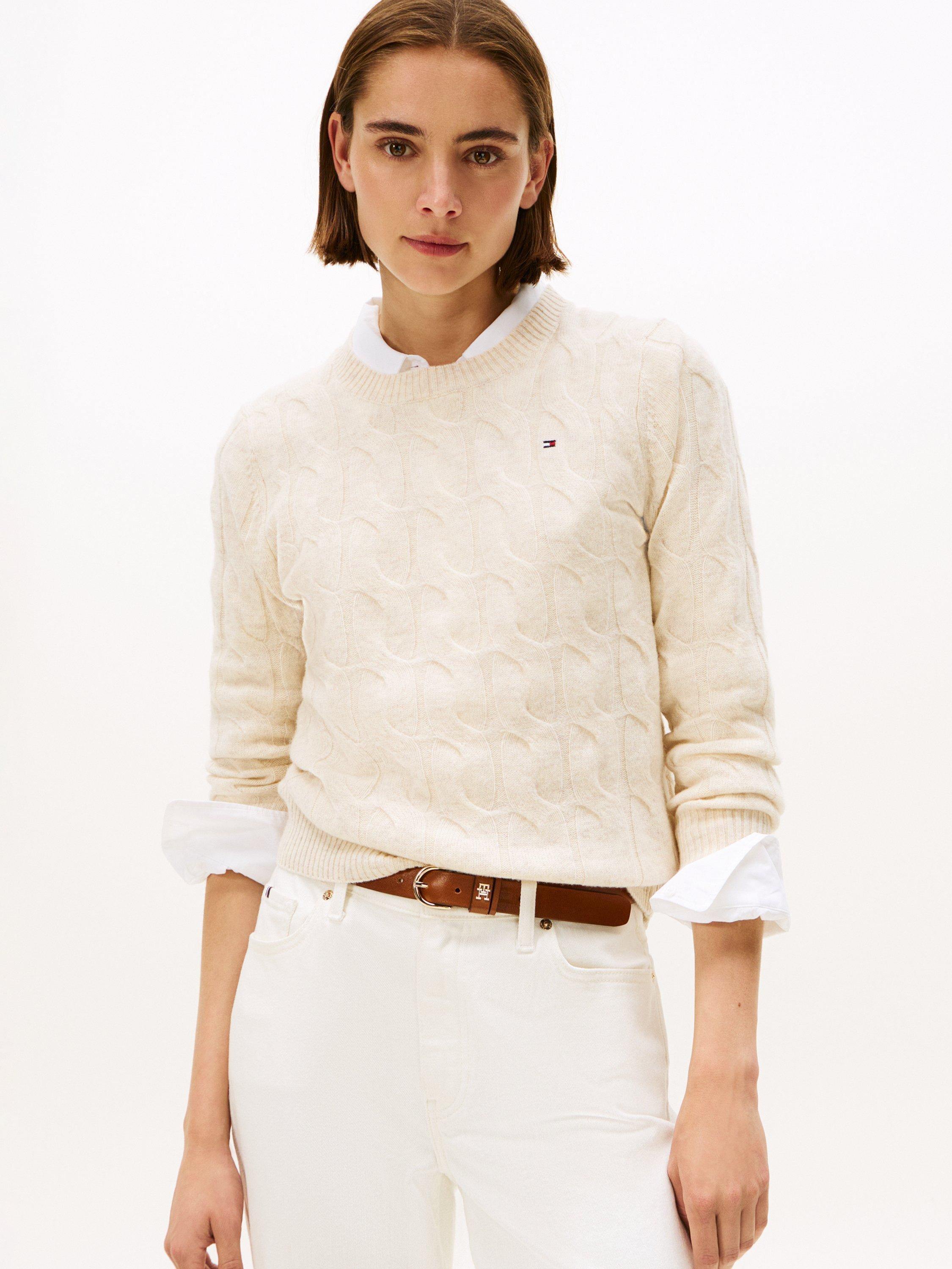 Product image 1 of 5, which shows Tommy Hilfiger Cable Knit Soft Wool Jumper, White, XL