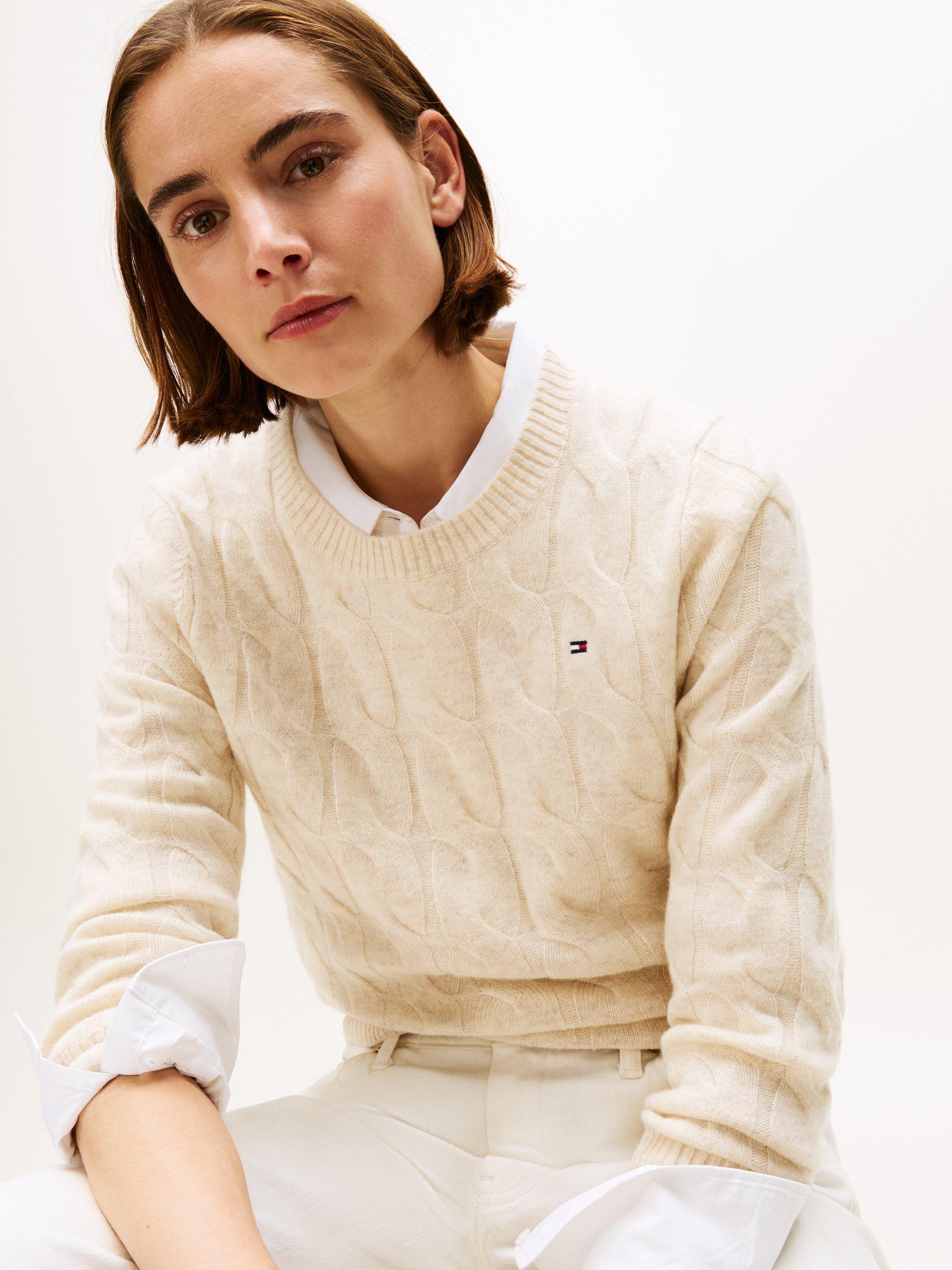 Product image 3 of 5, which shows Tommy Hilfiger Cable Knit Soft Wool Jumper, White, XL