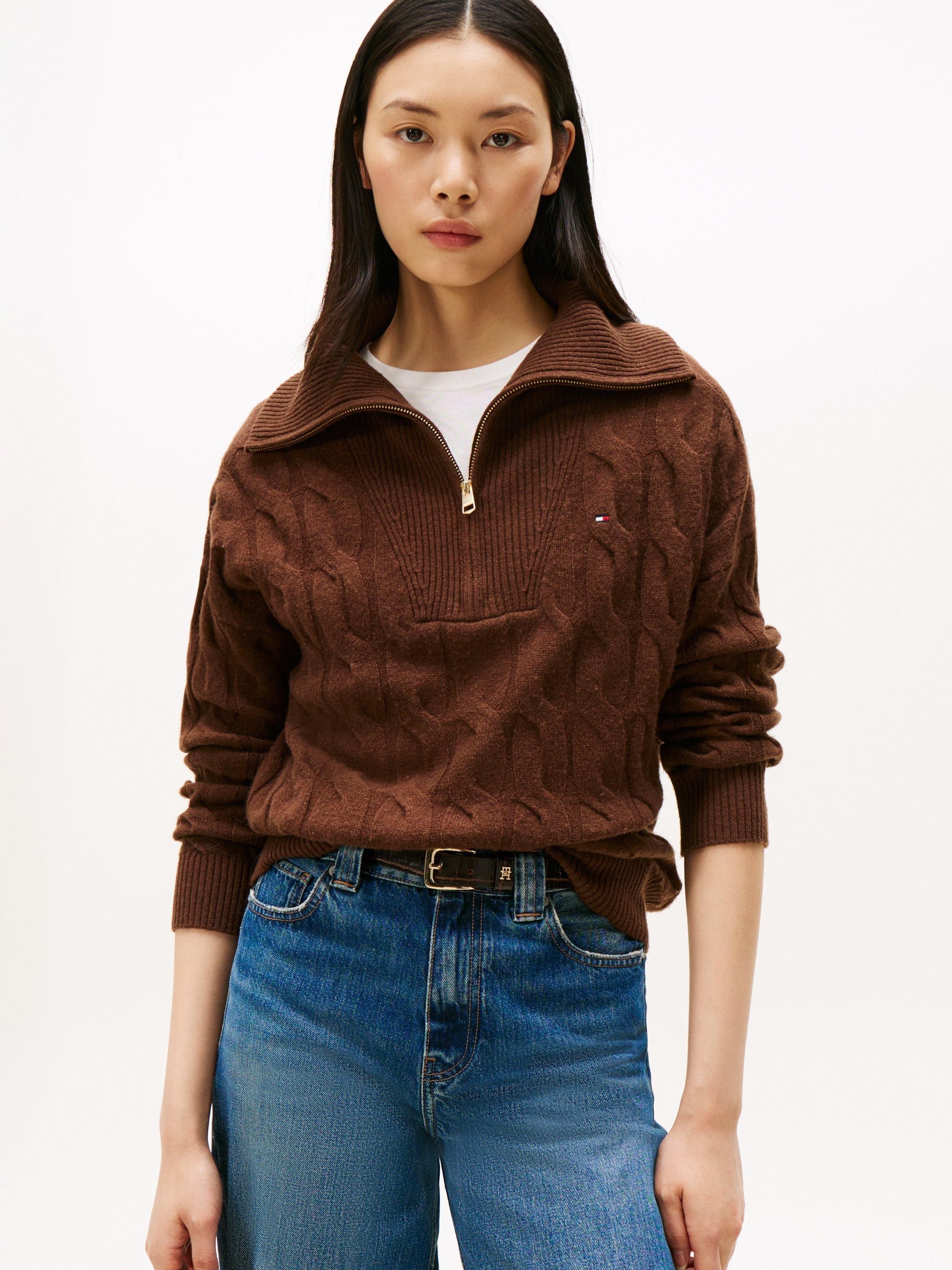 Product image 1 of 5, which shows Tommy Hilfiger Half-Zip Cable Knit Soft Wool Jumper, Mid Brown, L