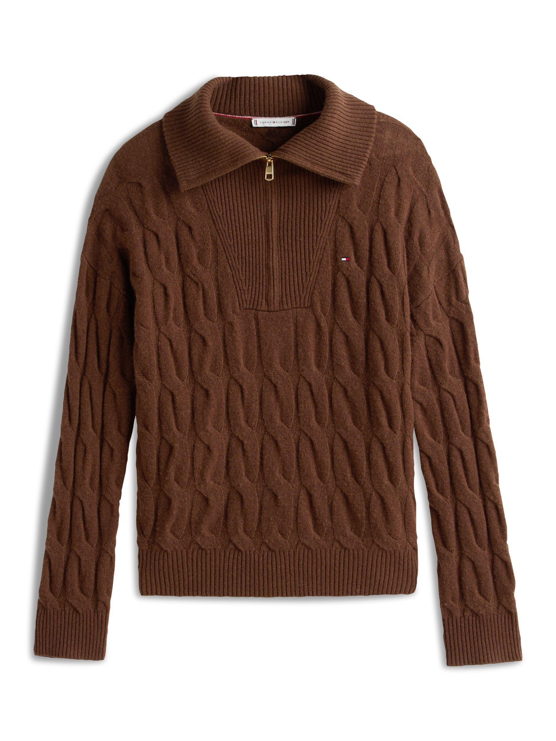 Product image 2 of 5, which shows Tommy Hilfiger Half-Zip Cable Knit Soft Wool Jumper, Mid Brown, L