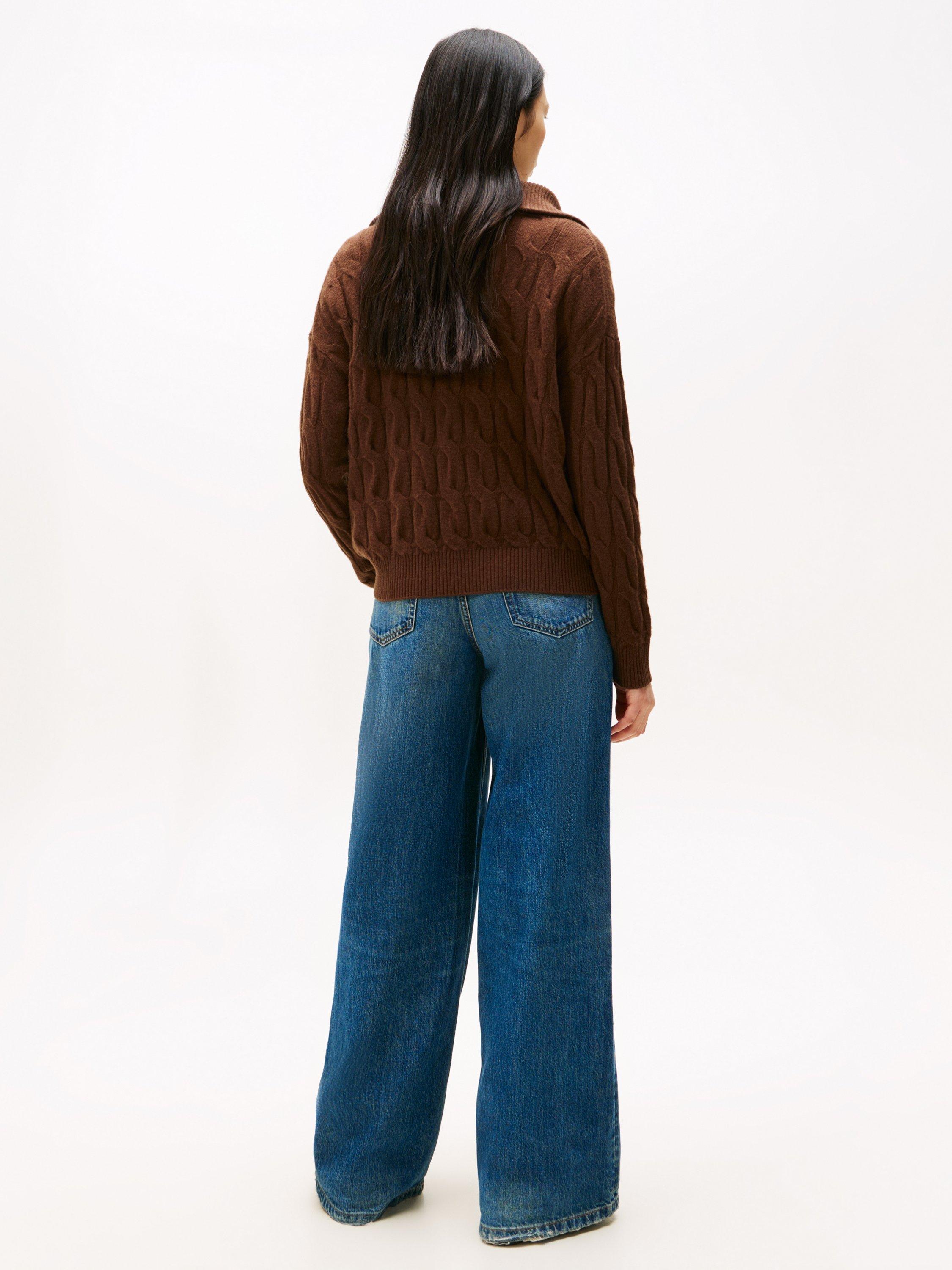 Product image 3 of 5, which shows Tommy Hilfiger Half-Zip Cable Knit Soft Wool Jumper, Mid Brown, L