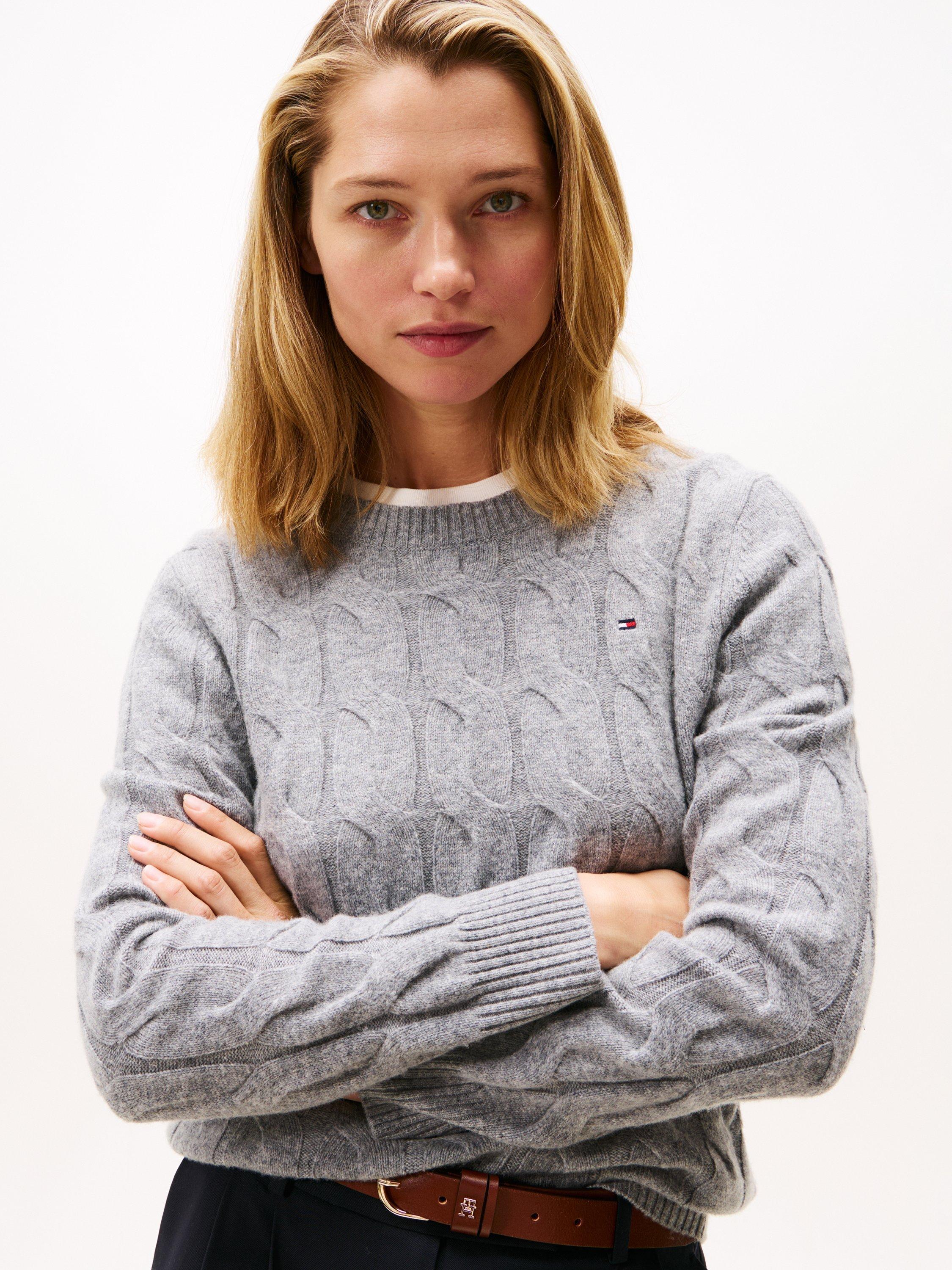 Product image 4 of 6, which shows Tommy Hilfiger Cable Knit Soft Wool Jumper, Mid Grey, XS