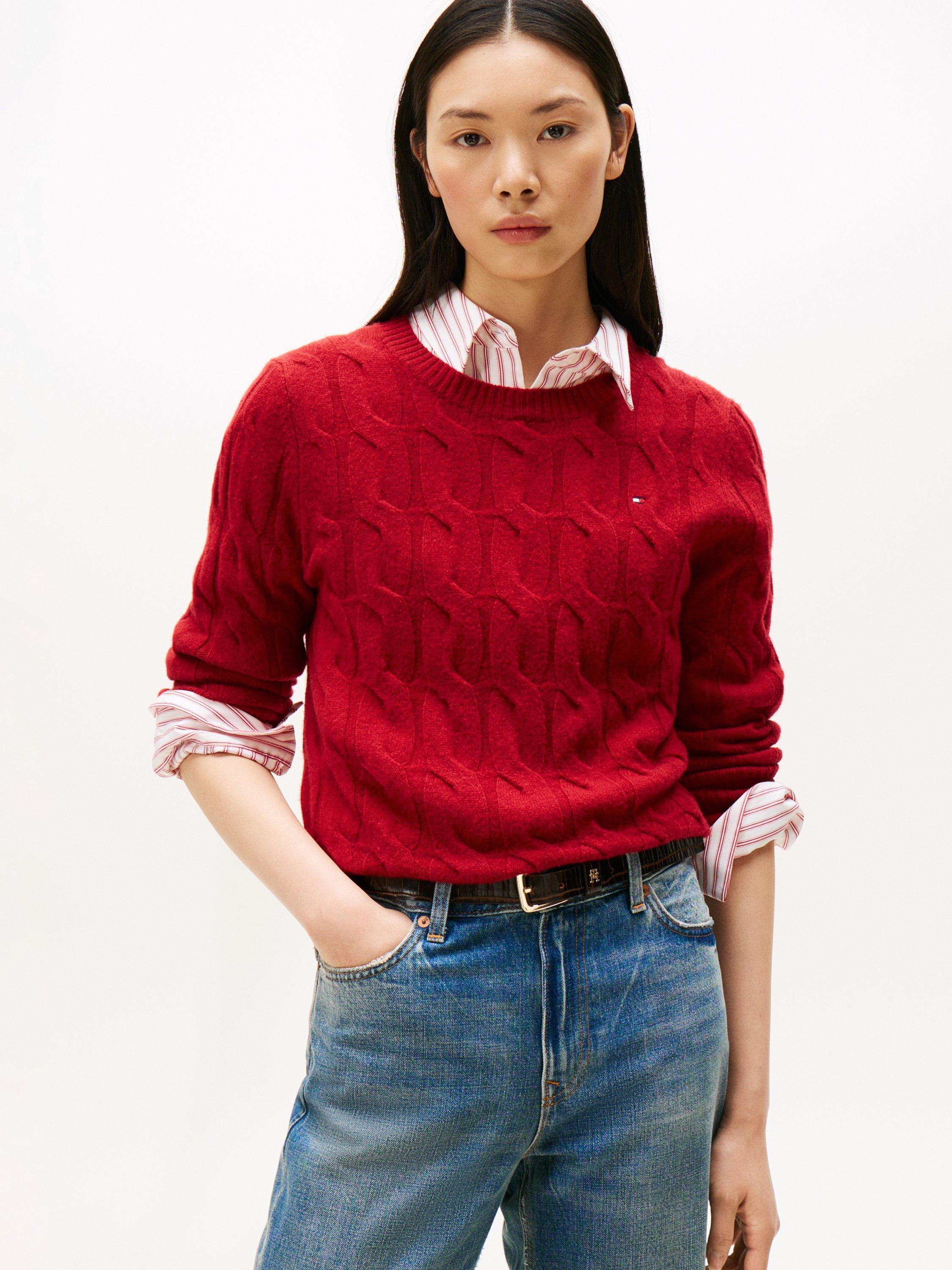 Product image 1 of 5, which shows Tommy Hilfiger Crew Neck Textured Soft Wool Jumper, Red, XS