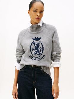 Tommy Hilfiger Graphic Print Crew Neck Wool Blend Cardigan, Grey/Multi