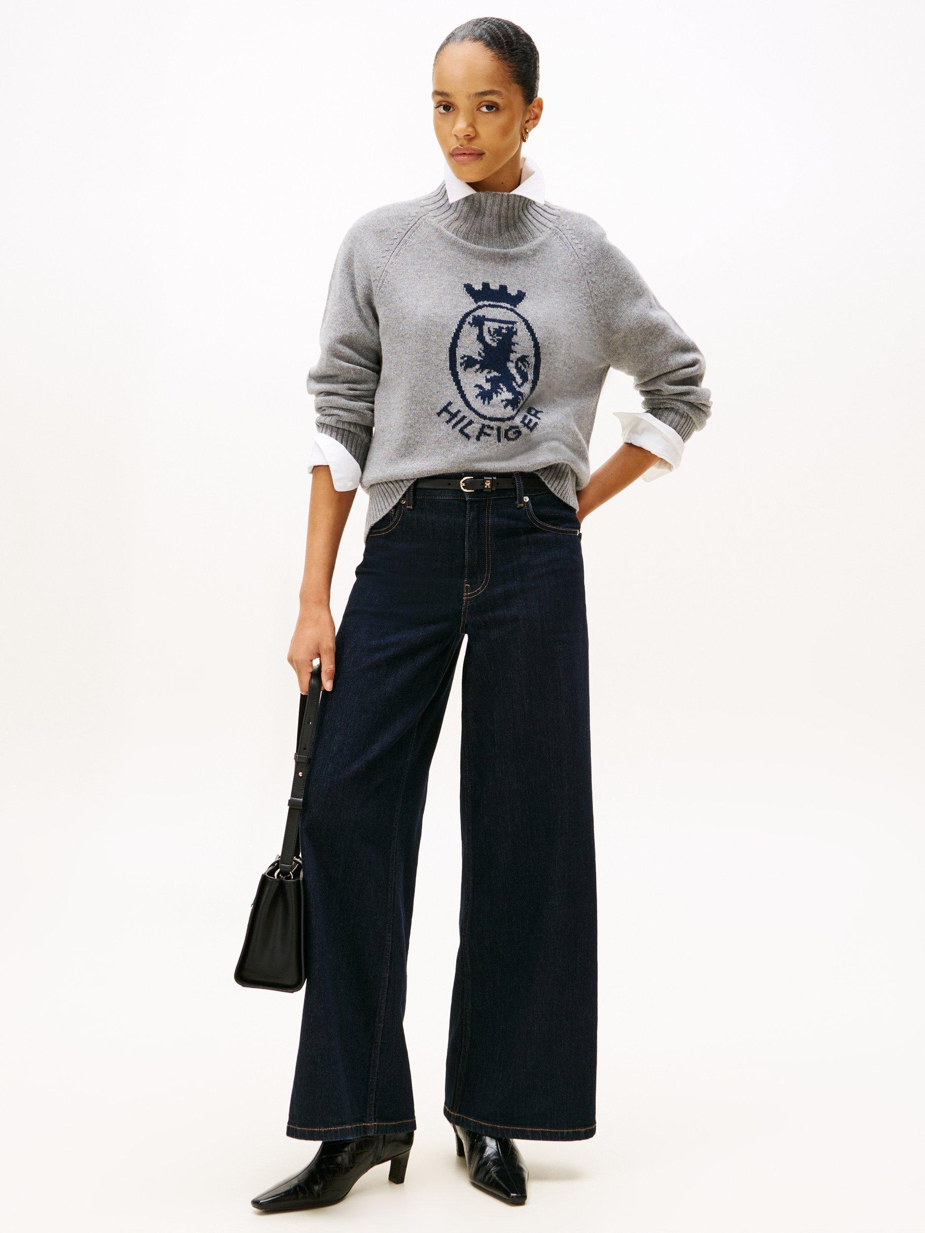 Product image 3 of 5, which shows Tommy Hilfiger Graphic Print Crew Neck Wool Blend Cardigan, Grey/Multi, M