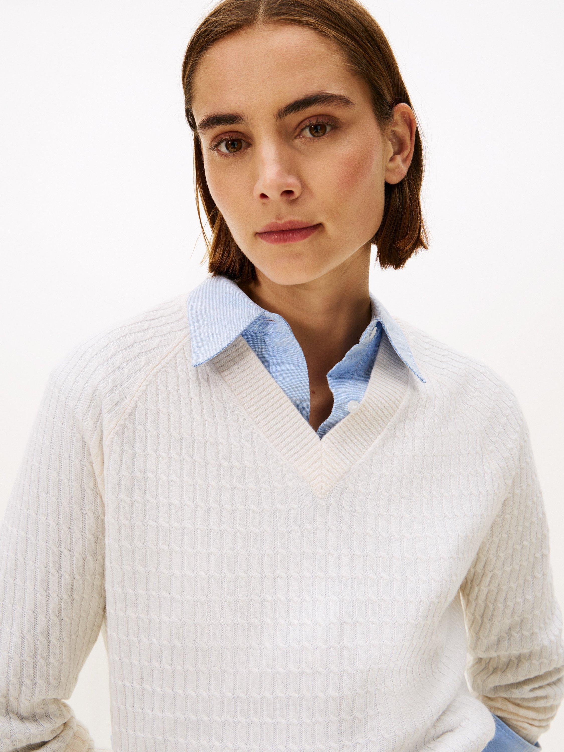 Product image 4 of 5, which shows Tommy Hilfiger Textured V-Neck Wool Blend Jumper, Natural Ivory, XS