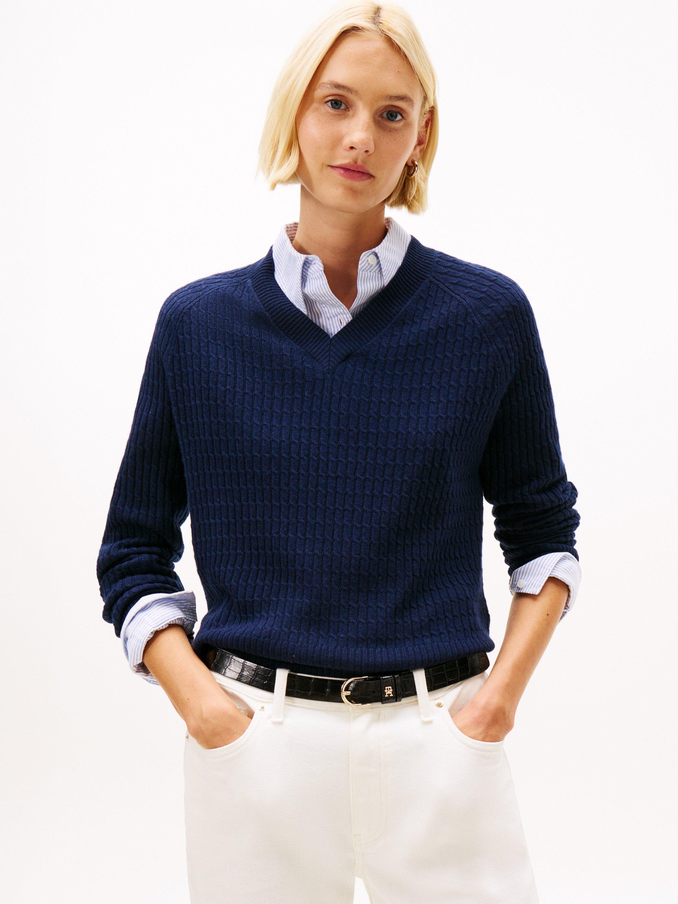 Product image 1 of 5, which shows Tommy Hilfiger Textured V-Neck Wool Blend Jumper, Dark Blue, XS