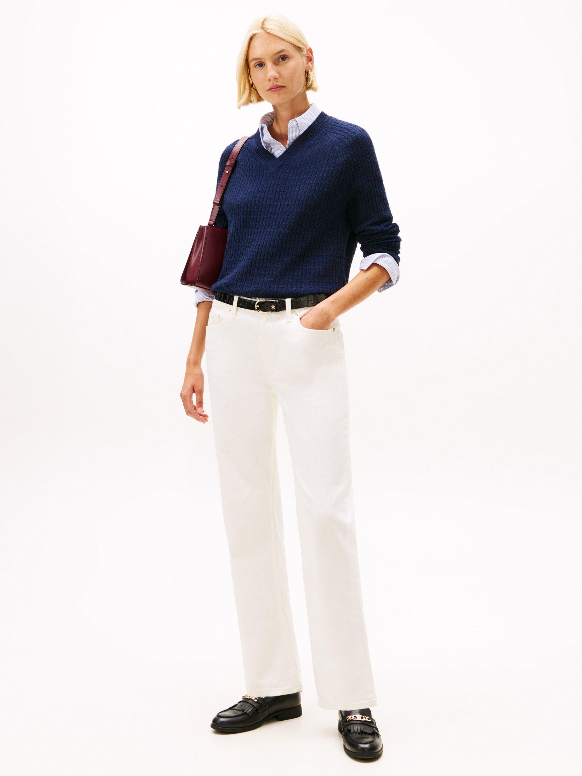 Product image 3 of 5, which shows Tommy Hilfiger Textured V-Neck Wool Blend Jumper, Dark Blue, XS