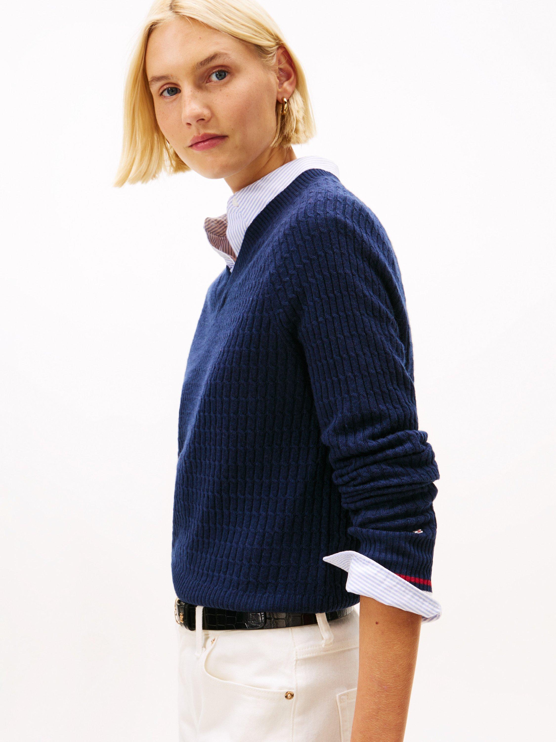 Product image 4 of 5, which shows Tommy Hilfiger Textured V-Neck Wool Blend Jumper, Dark Blue, XS