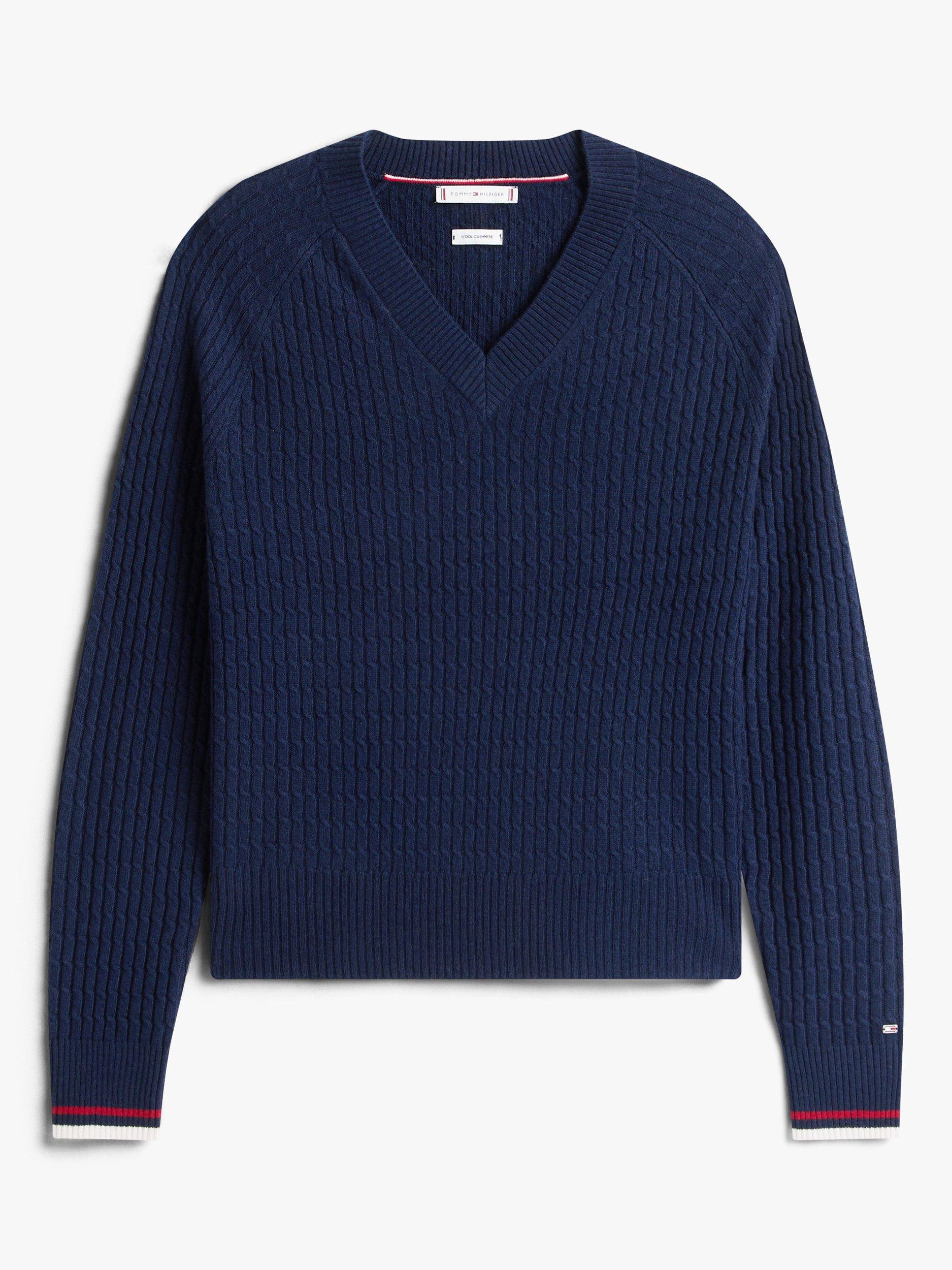 Product image 5 of 5, which shows Tommy Hilfiger Textured V-Neck Wool Blend Jumper, Dark Blue, XS