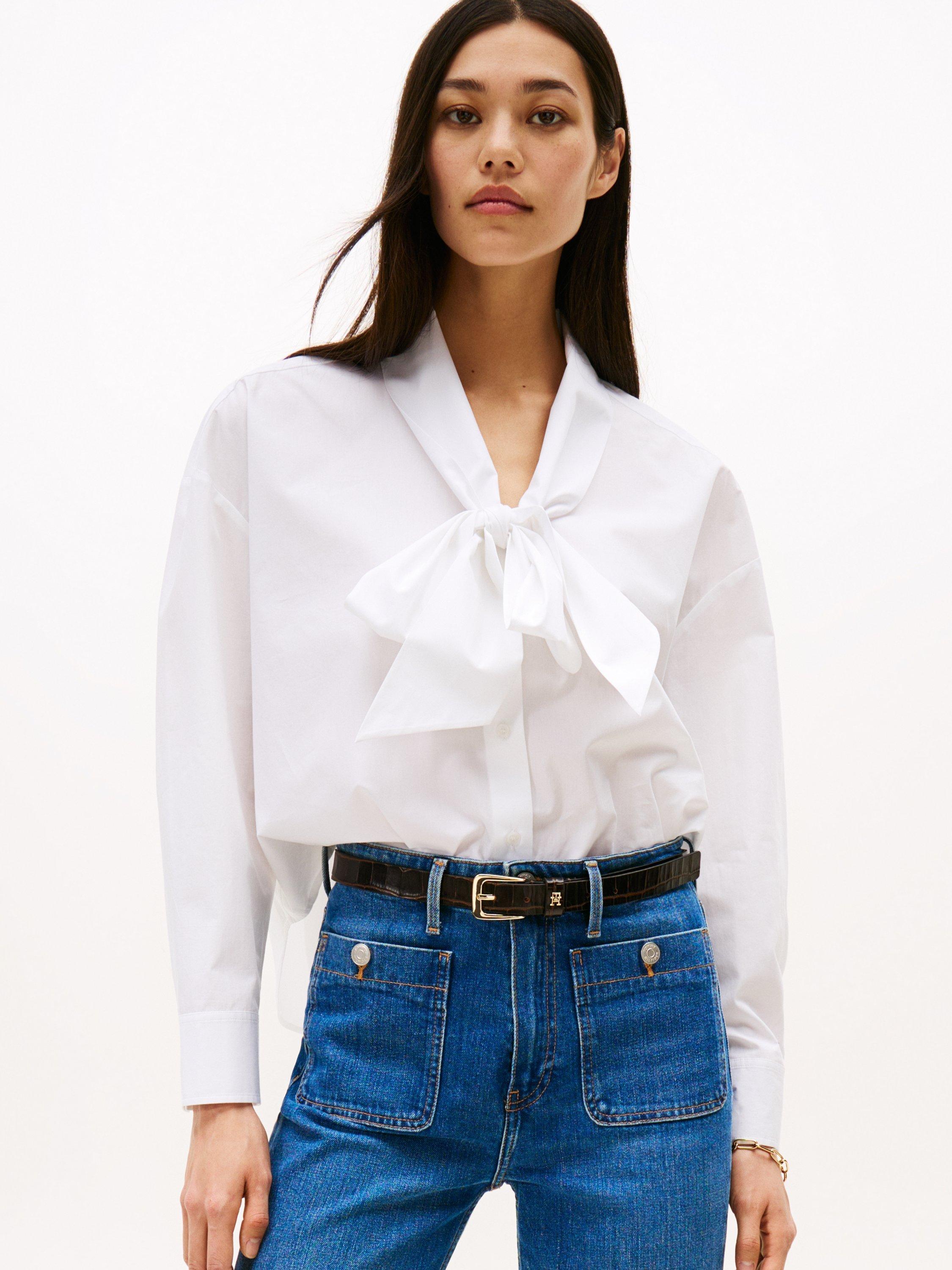 Product image 1 of 5, which shows Tommy Hilfiger Bow Neck Poplin Top, Optic White, 4