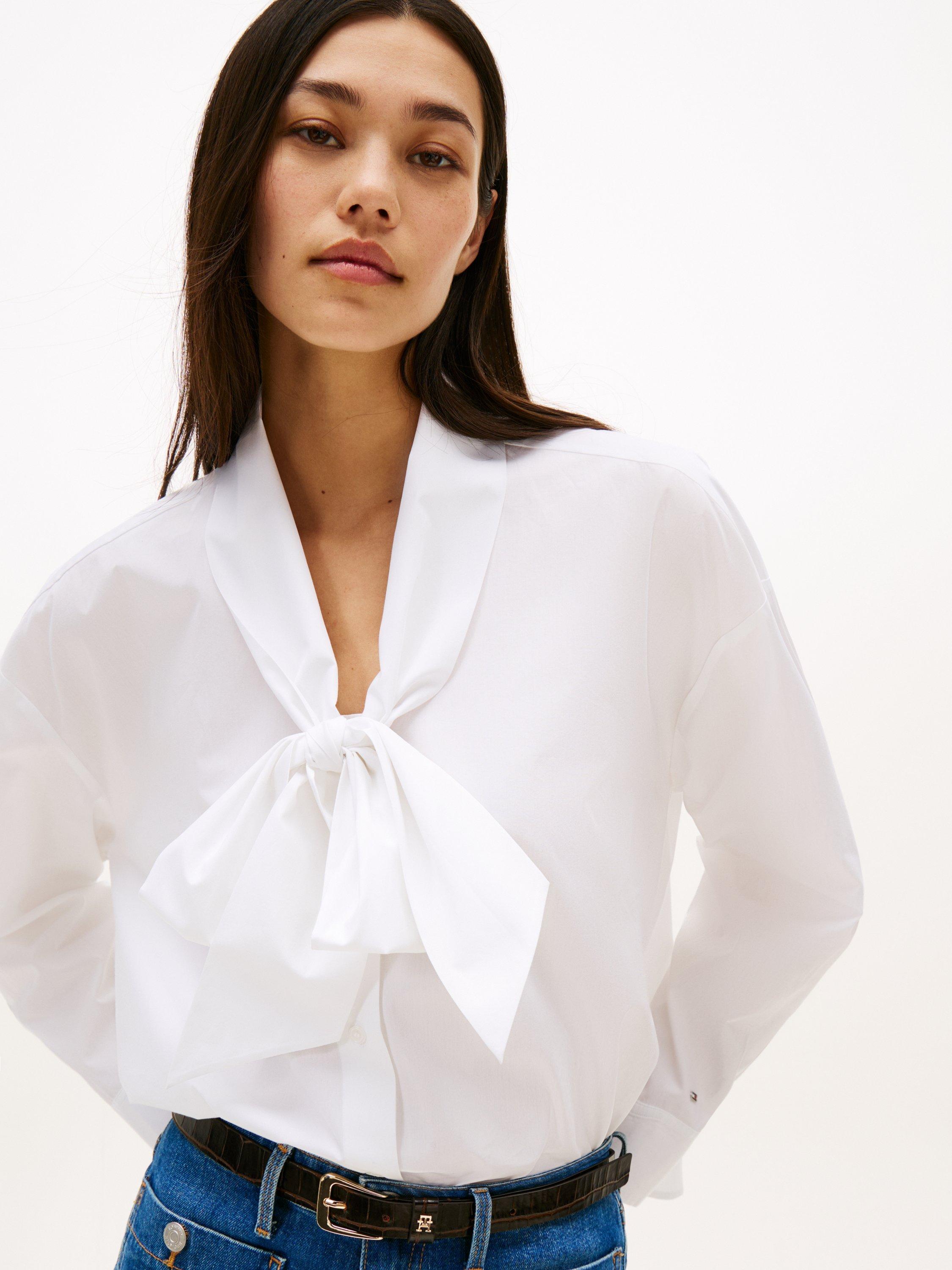 Product image 4 of 5, which shows Tommy Hilfiger Bow Neck Poplin Top, Optic White, 4