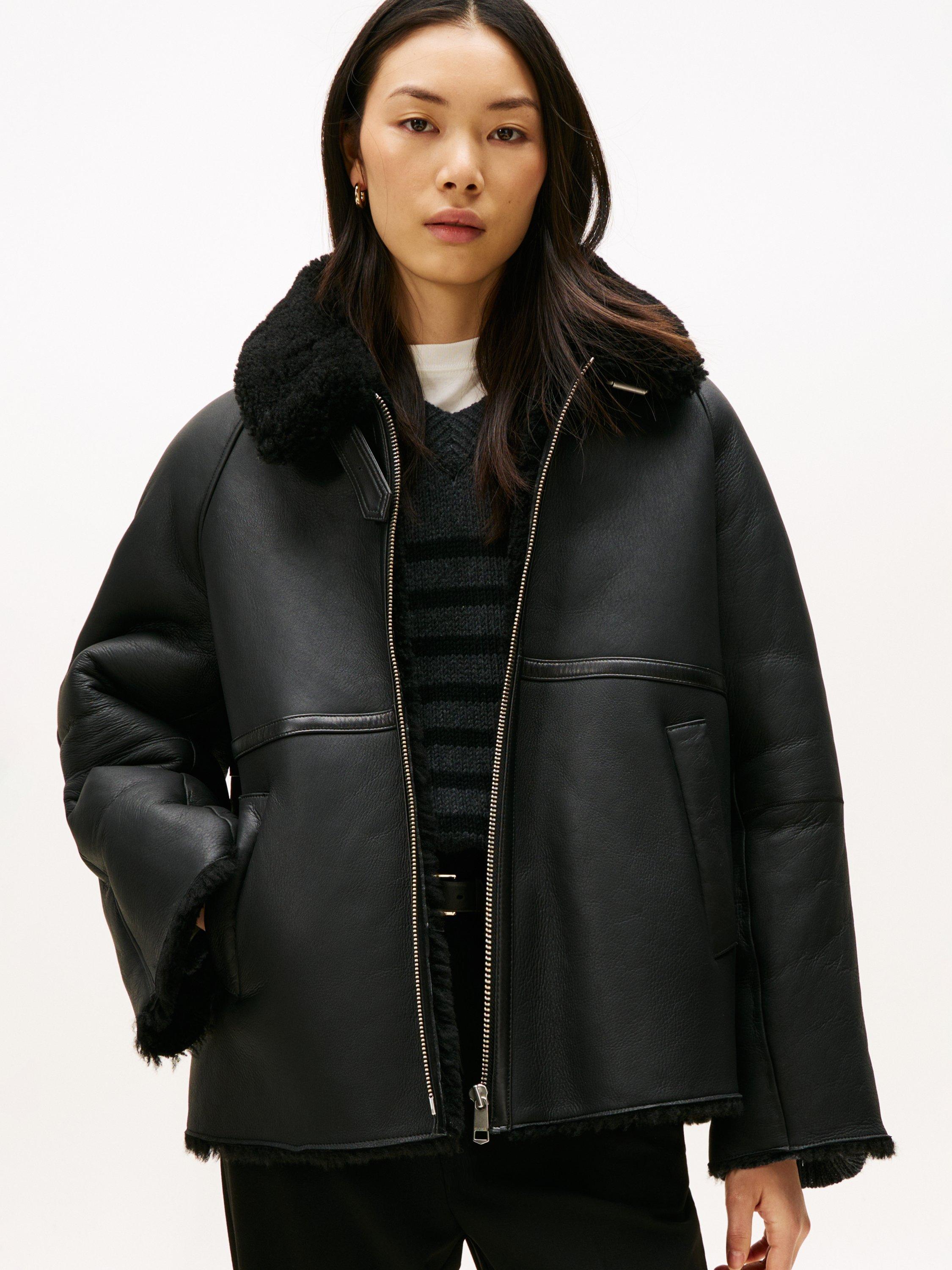 Product image 1 of 6, which shows Tommy Hilfiger Shearling Leather Jacket, Black, XS-S