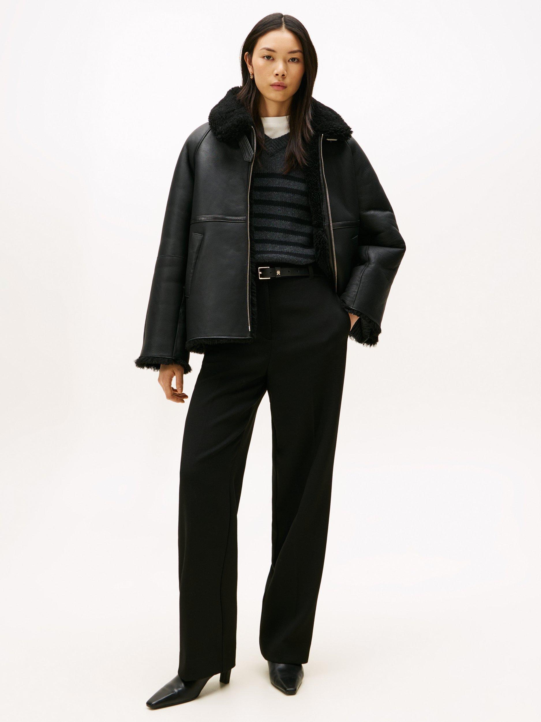 Product image 3 of 6, which shows Tommy Hilfiger Shearling Leather Jacket, Black, XS-S