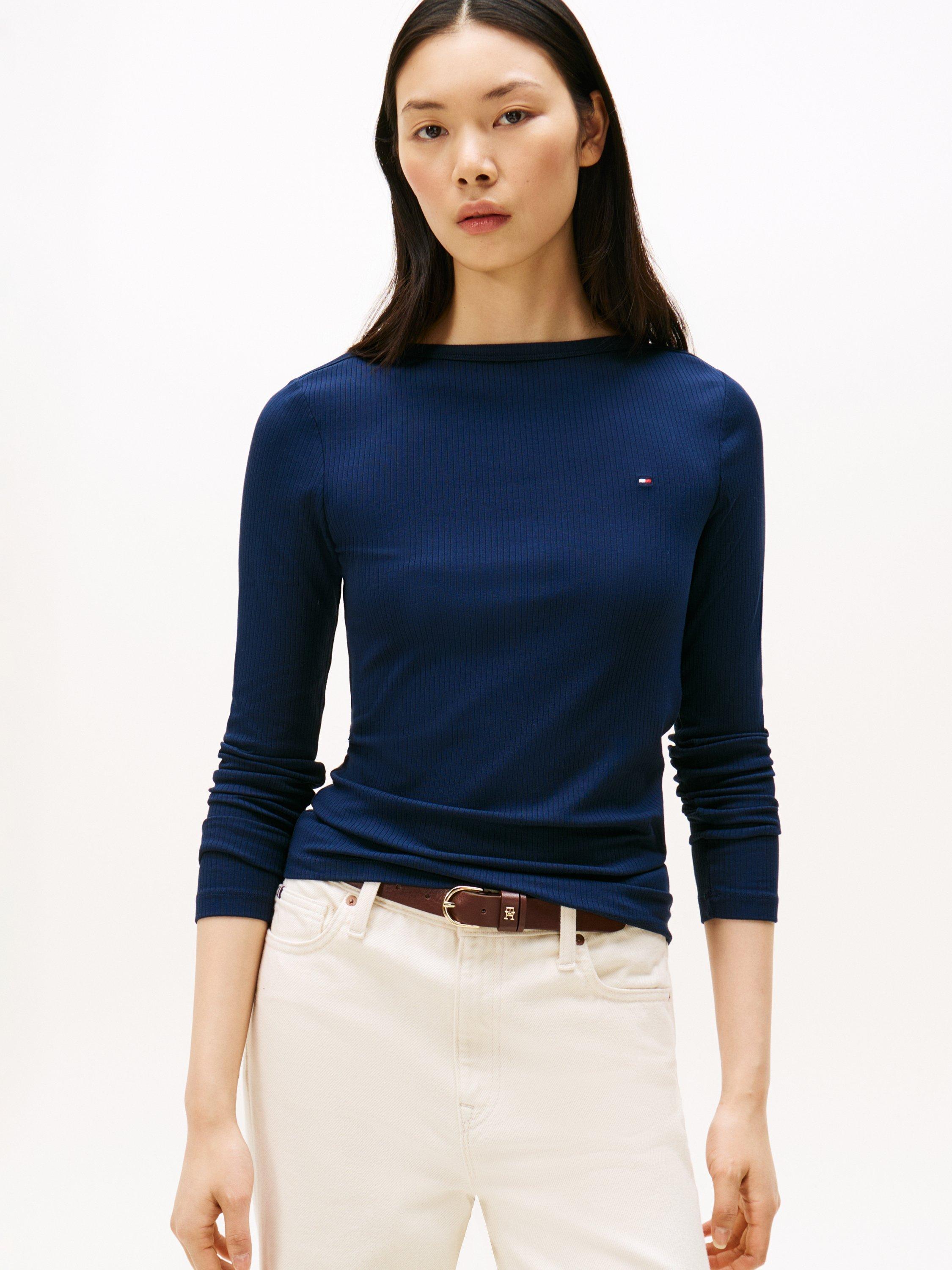 Product image 1 of 5, which shows Tommy Hilfiger Ribbed Slim Fit Logo Top, Dark Night Navy, S