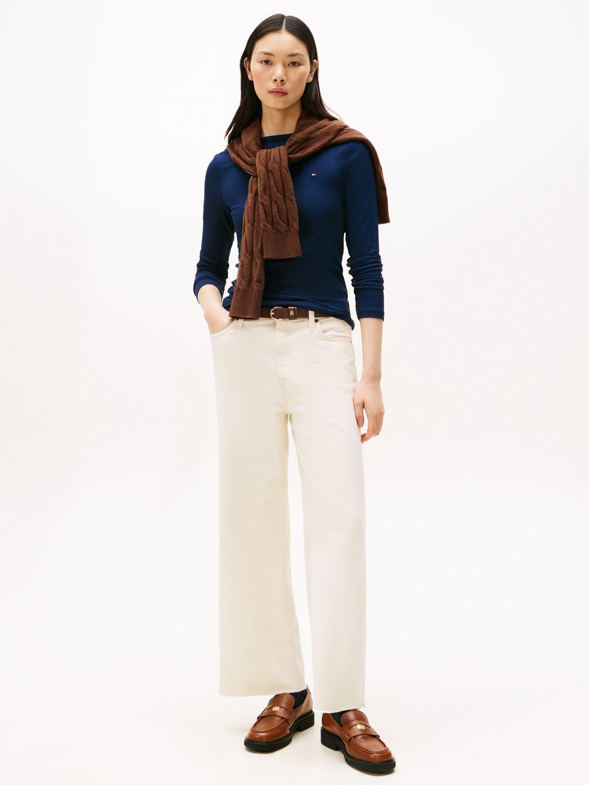 Product image 3 of 5, which shows Tommy Hilfiger Ribbed Slim Fit Logo Top, Dark Night Navy, S