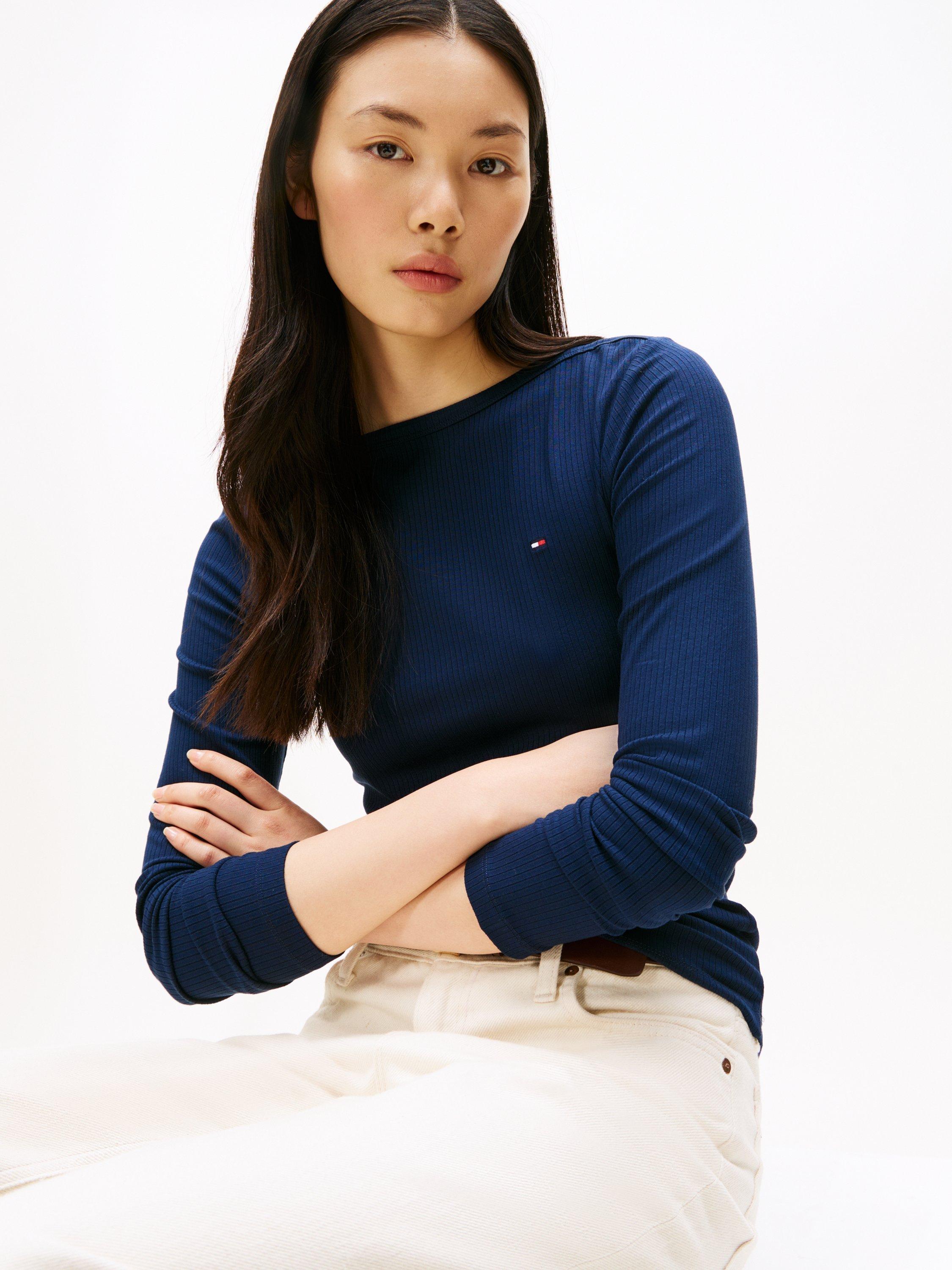 Product image 4 of 5, which shows Tommy Hilfiger Ribbed Slim Fit Logo Top, Dark Night Navy, S