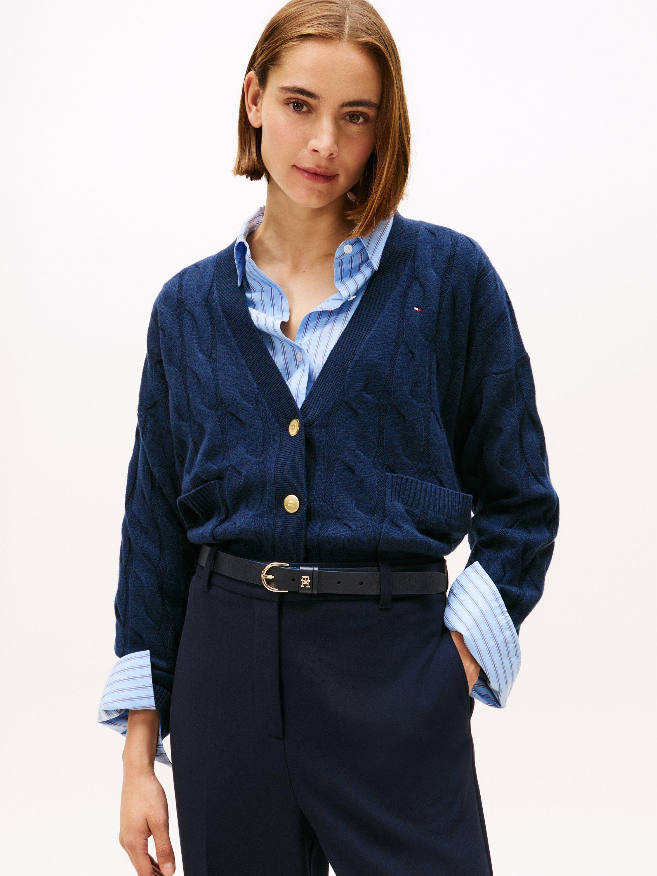 Product image 1 of 5, which shows Tommy Hilfiger Cable V-Neck Oversized Soft Wool Cardigan, Navy, XS