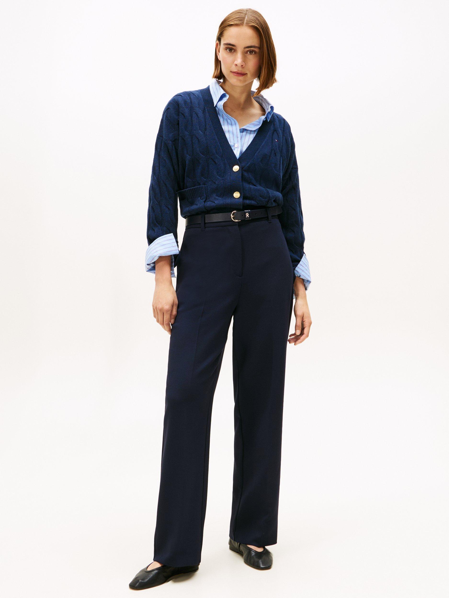 Product image 4 of 5, which shows Tommy Hilfiger Cable V-Neck Oversized Soft Wool Cardigan, Navy, XS