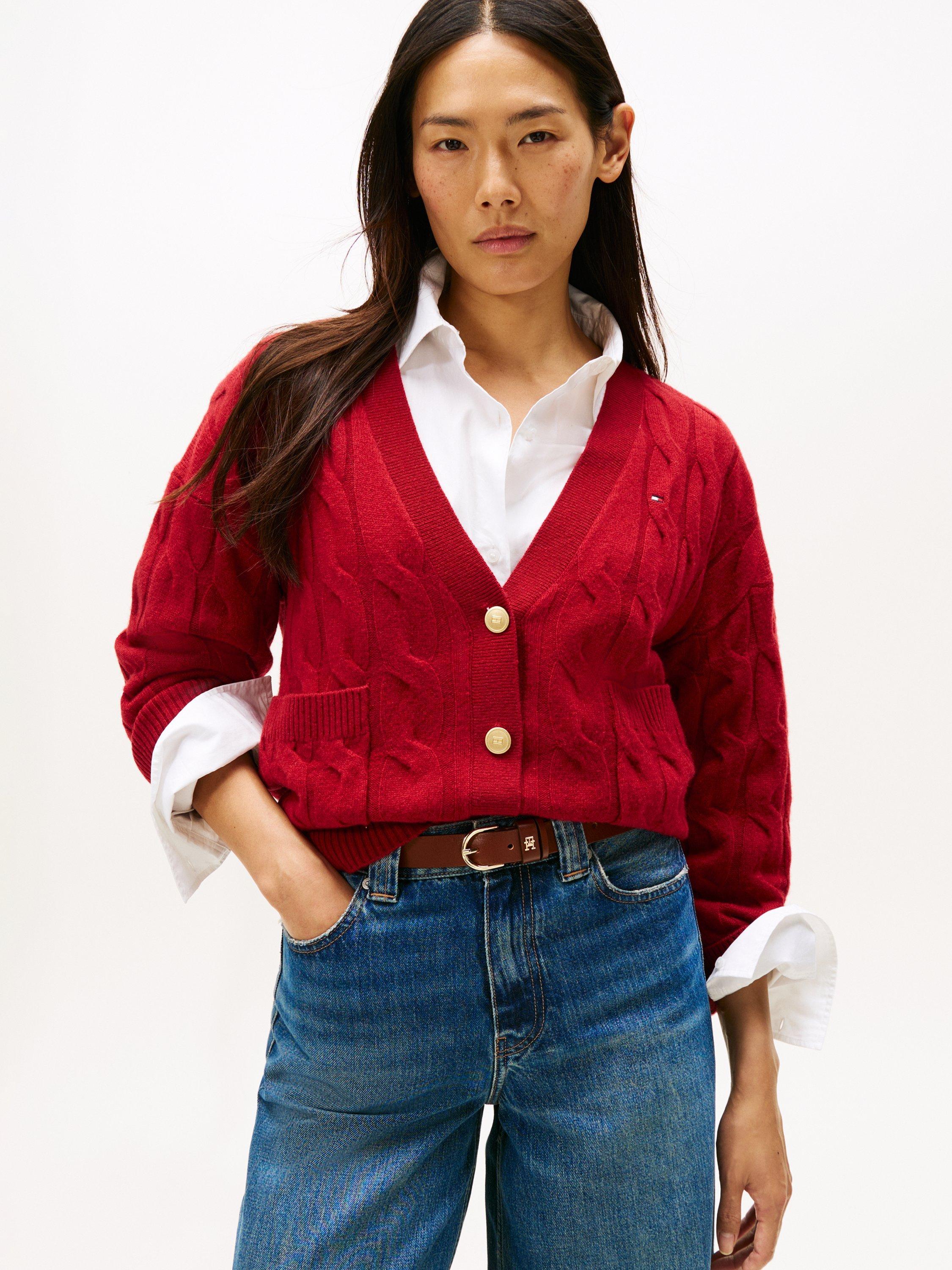 Product image 1 of 6, which shows Tommy Hilfiger Cable V-Neck Oversized Soft Wool Cardigan, Red, S