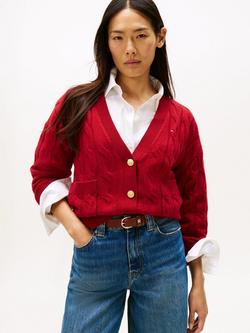 Tommy Hilfiger Cable V-Neck Oversized Soft Wool Cardigan, Red