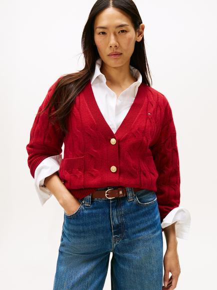 Tommy Hilfiger Cable V-Neck Oversized Soft Wool Cardigan, Red