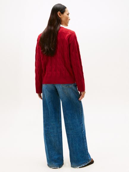Tommy Hilfiger Cable V-Neck Oversized Soft Wool Cardigan - view 2, Red