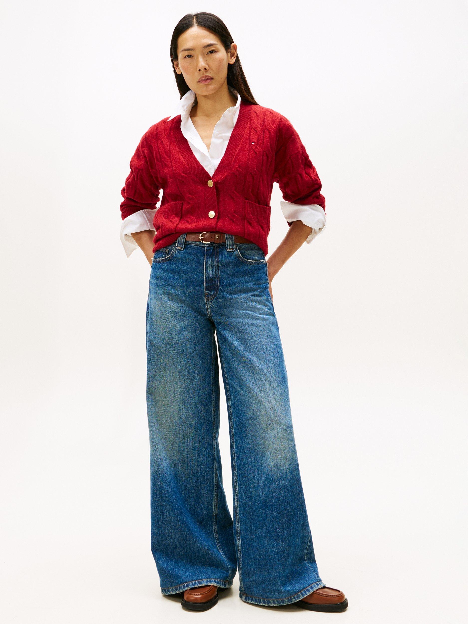 Product image 3 of 6, which shows Tommy Hilfiger Cable V-Neck Oversized Soft Wool Cardigan, Red, S