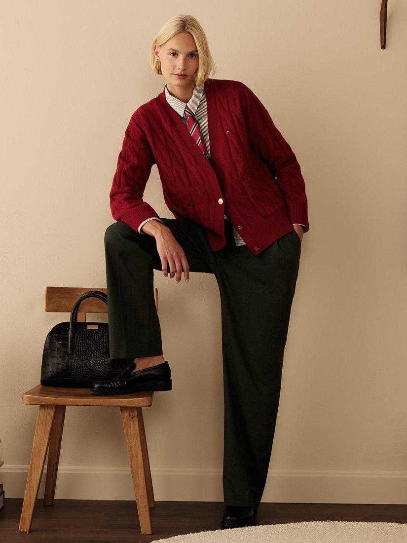 Product image 6 of 6, which shows Tommy Hilfiger Cable V-Neck Oversized Soft Wool Cardigan, Red, S