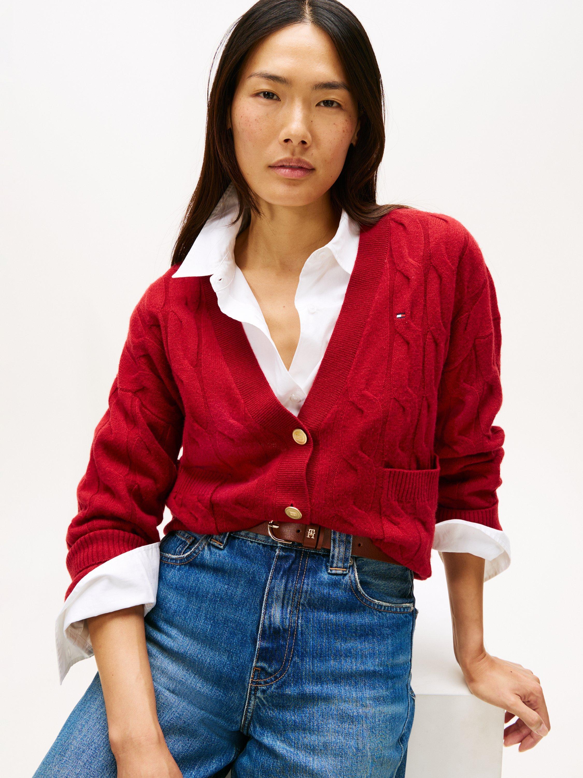 Product image 4 of 6, which shows Tommy Hilfiger Cable V-Neck Oversized Soft Wool Cardigan, Red, S