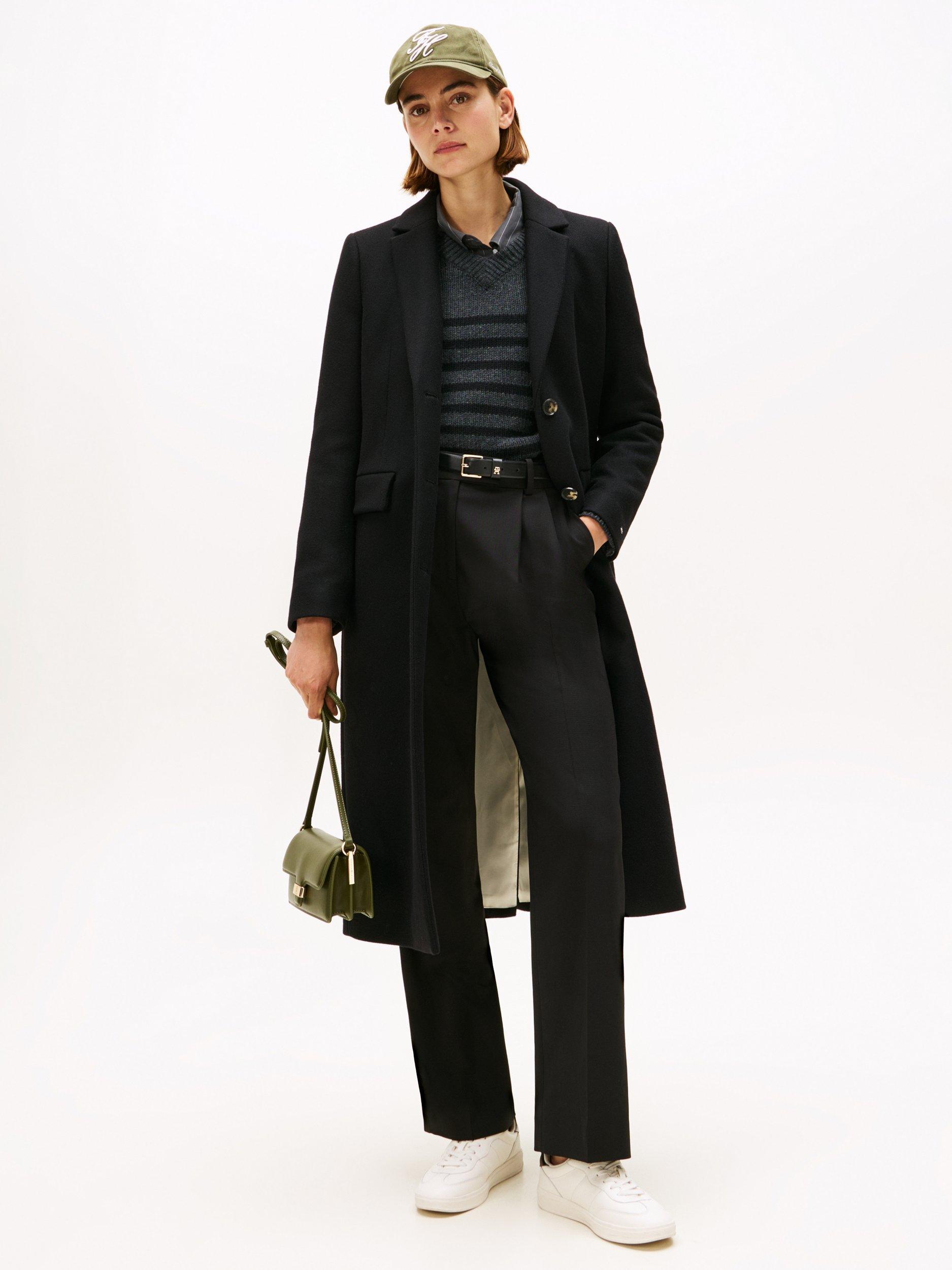 Product image 1 of 6, which shows Tommy Hilfiger Wool Cashmere Blend Longline Coat, Black, 10