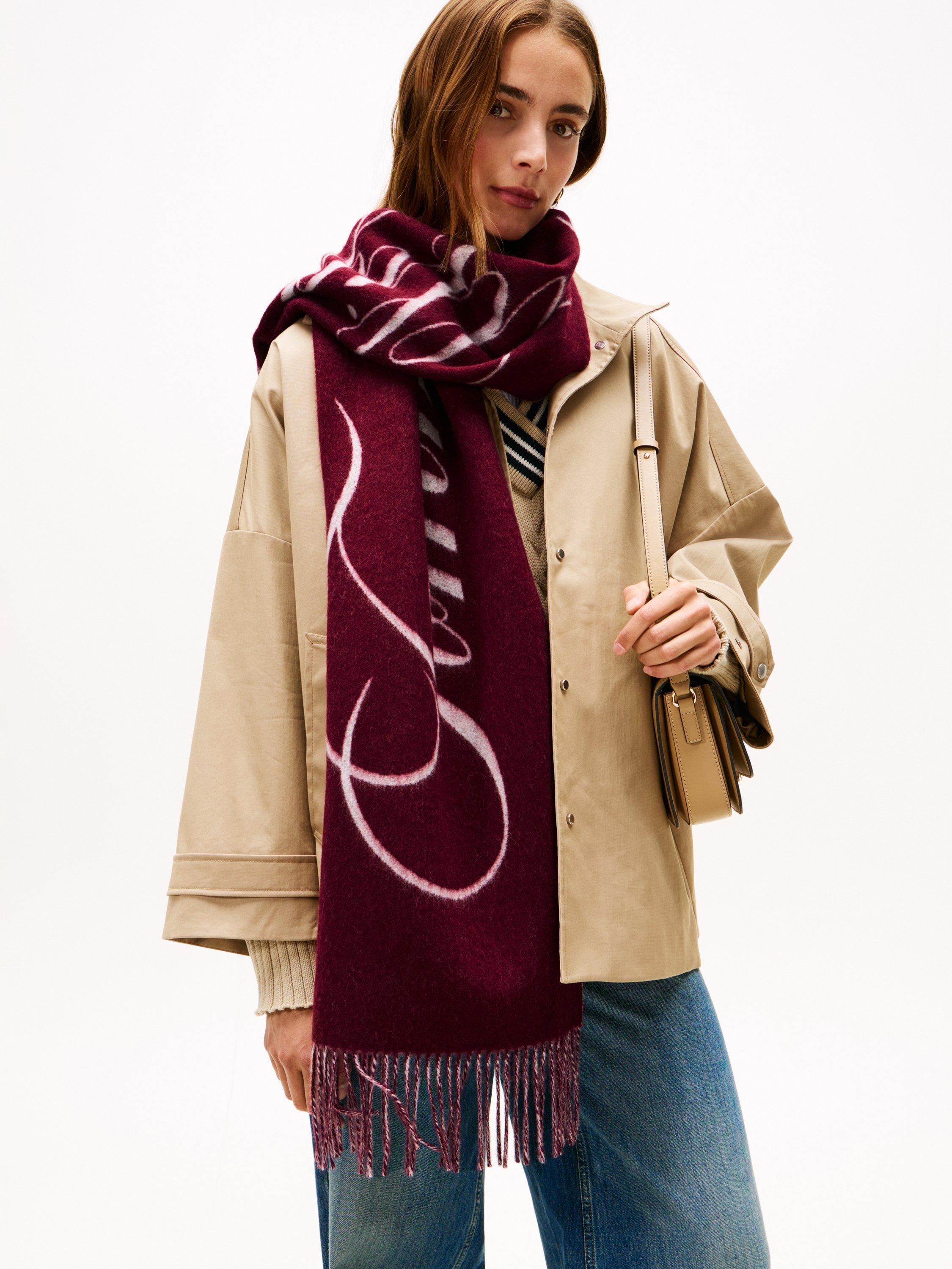Product image 3 of 4, which shows Tommy Hilfiger Script Log Wool Scarf , Red/Multi, One Size