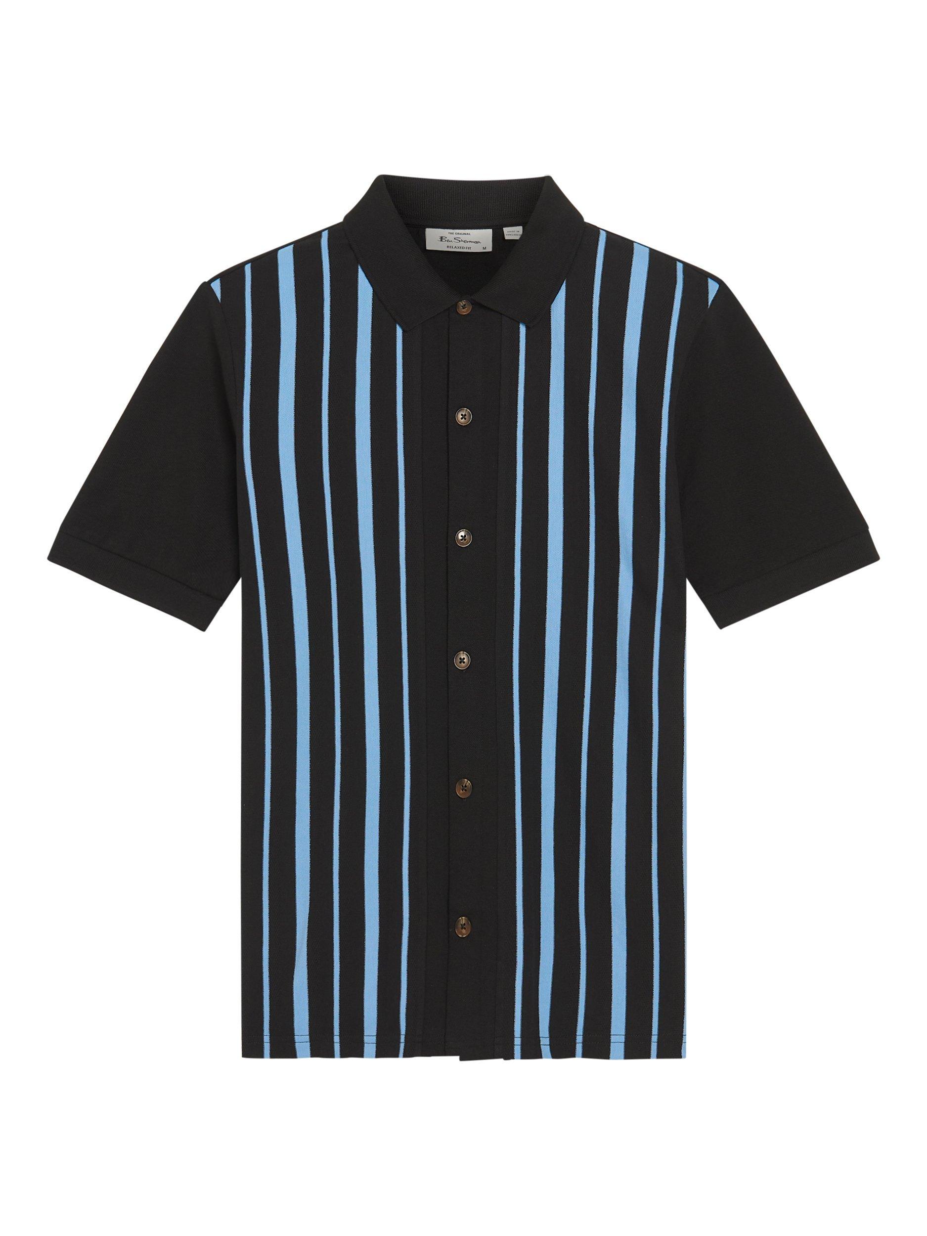 Product image 5 of 5, which shows Ben Sherman Button Up Stripe Polo Shirt, Black/Blue, S