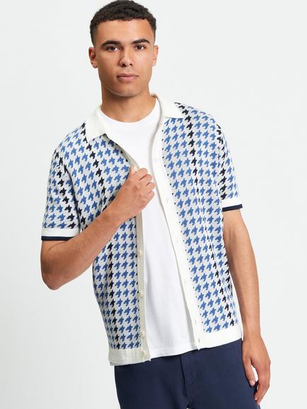 Ben Sherman Cotton Regular Fit Houndstooth Knitted Polo Shirt, Ivory, Ivory
