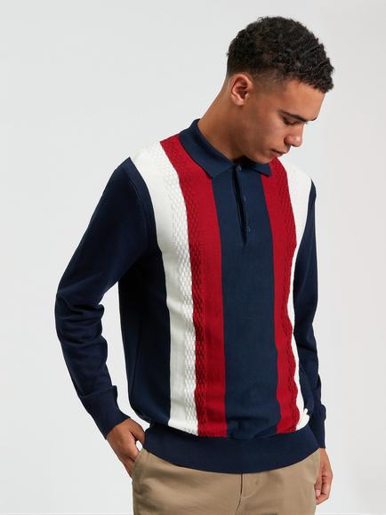 Ben Sherman Vertical Stripe Long Sleeve Polo Shirt, Dark Navy, Dark Navy