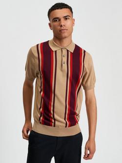 Ben Sherman Cotton Regular Fit Short Sleeve Vertical Stripe Polo Shirt, Sand