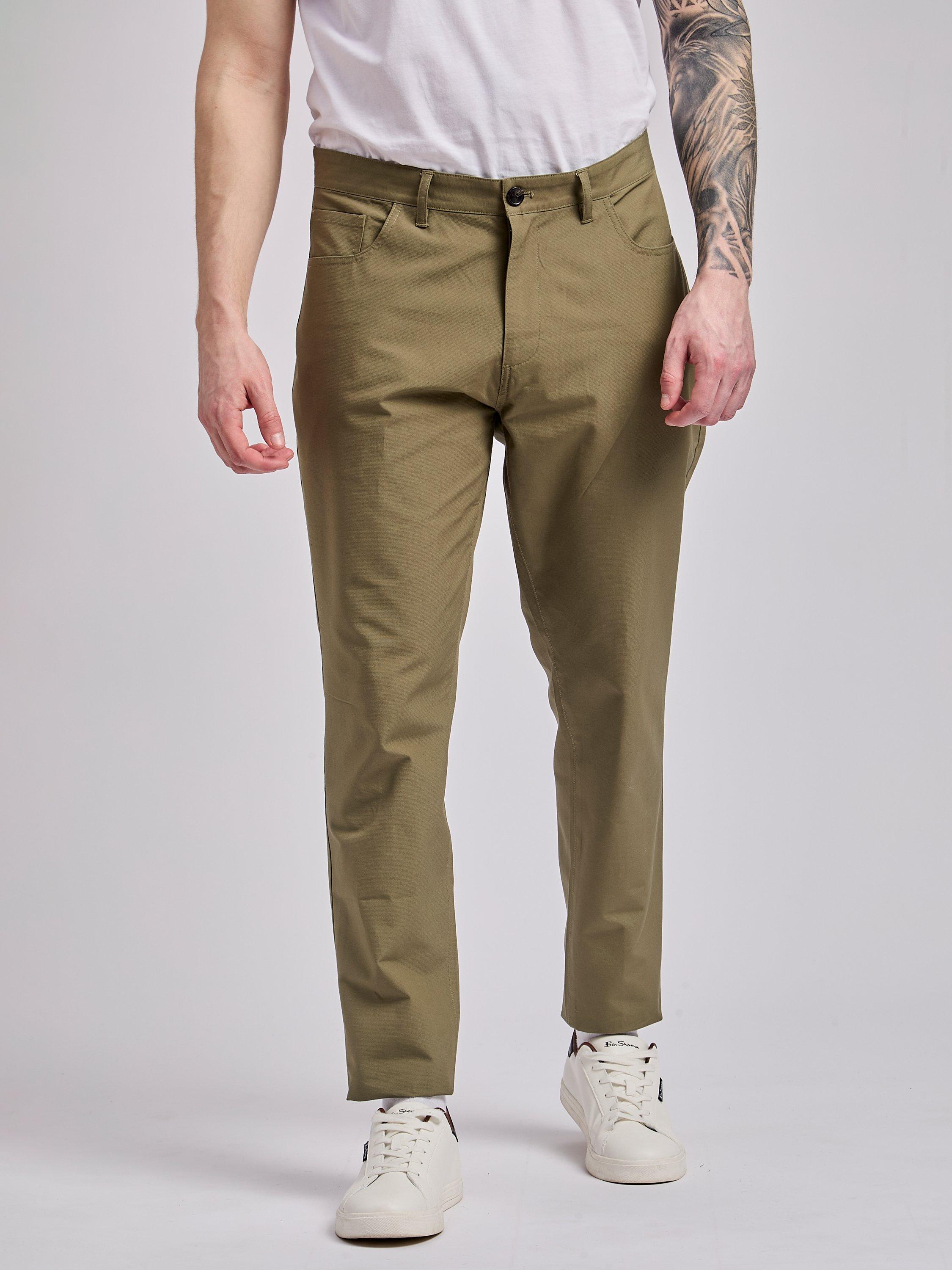 Product image 1 of 5, which shows Ben Sherman Cotton Straight Tapered Trousers, Olive, 30R