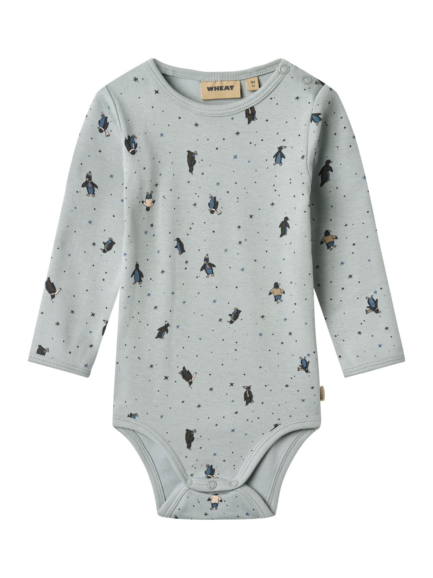 Product image 1 of 2, which shows WHEAT Baby Berti Penguin Bodysuit, Soft Rain/Multi, 9 months