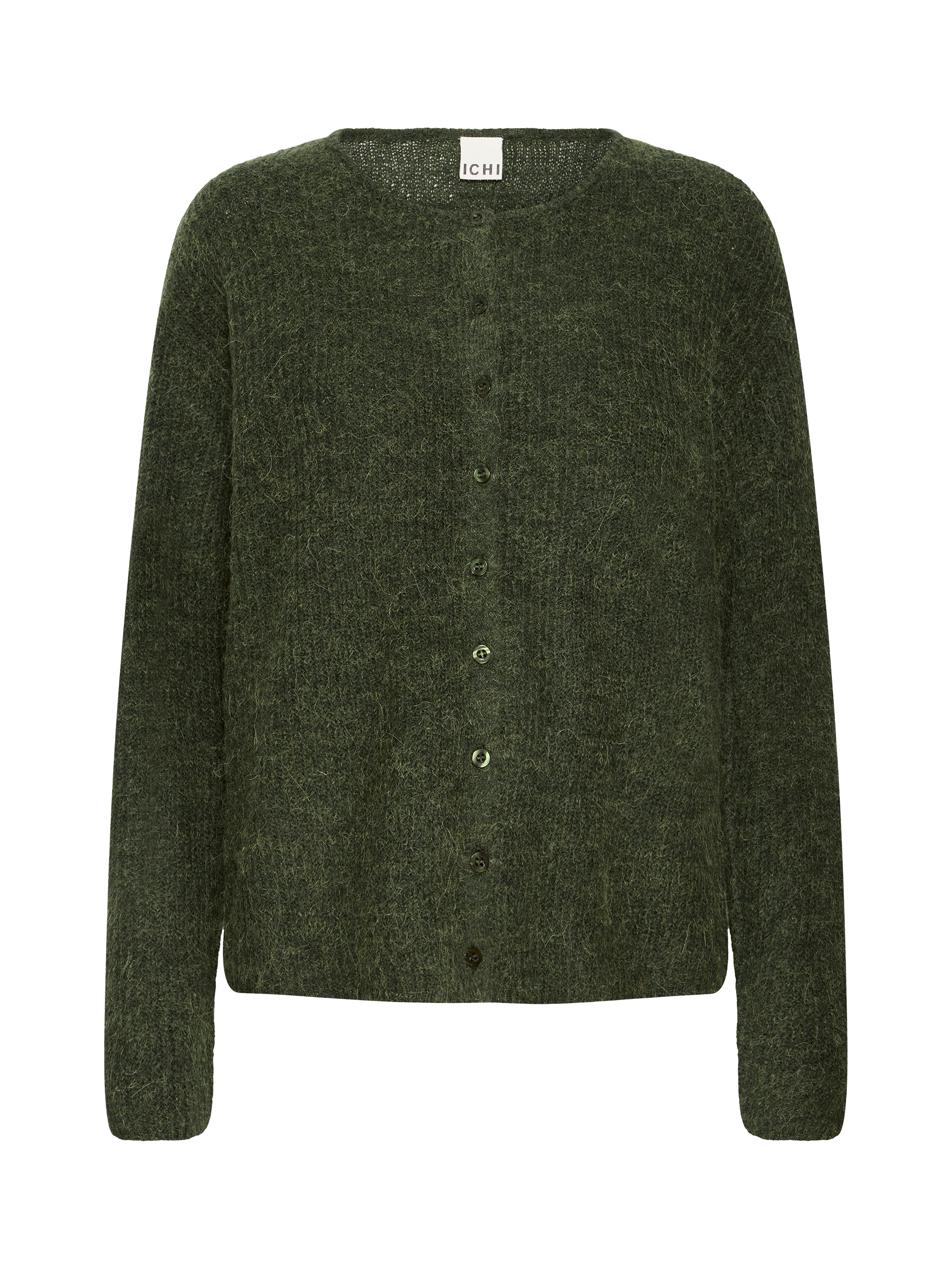 Product image 1 of 3, which shows ICHI Kamara Fine Knit Cardigan, Rifle Green, XS