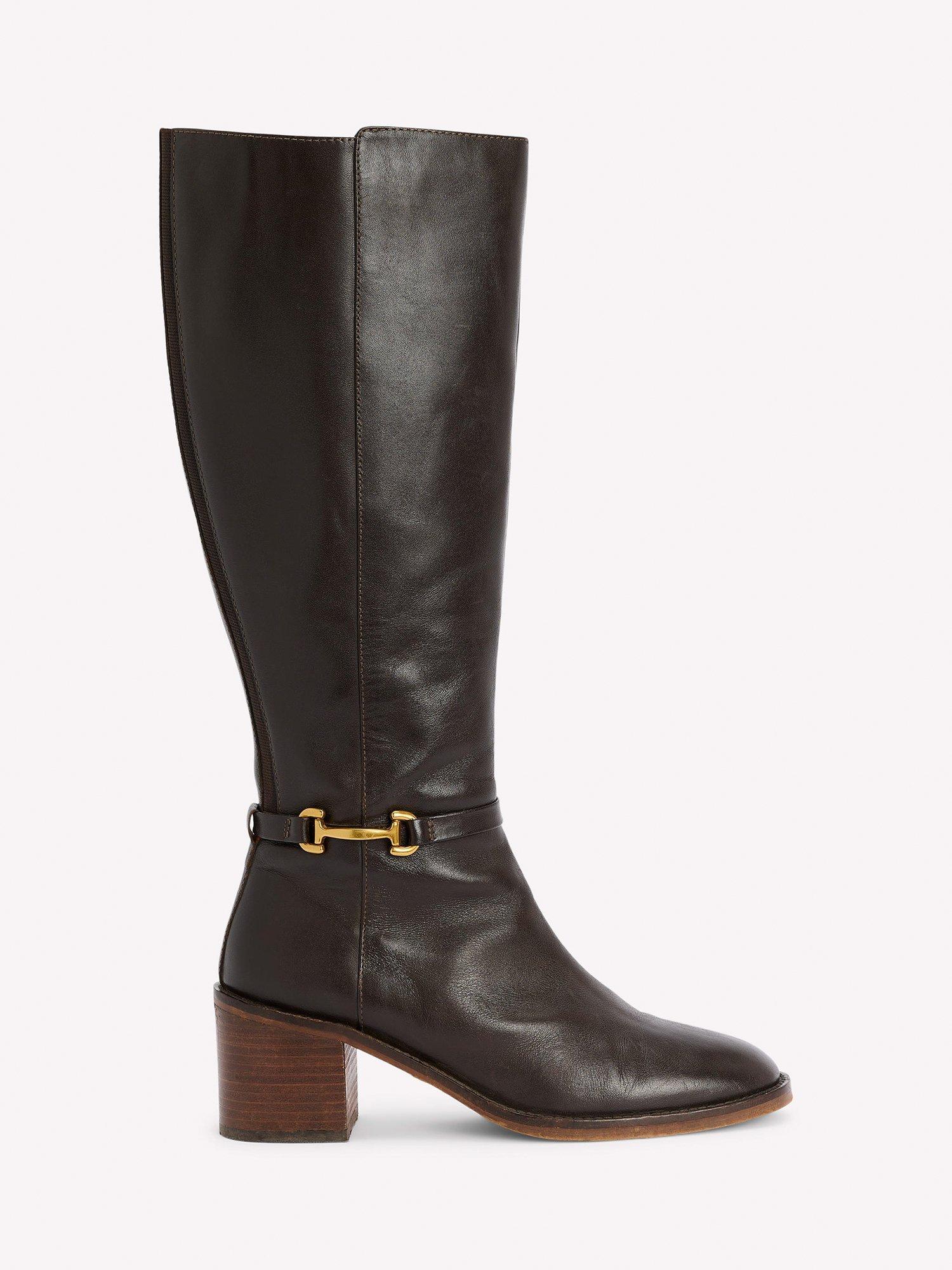 Boden Iris Leather Snaffle Detail Block Heel Boots, Chocolate