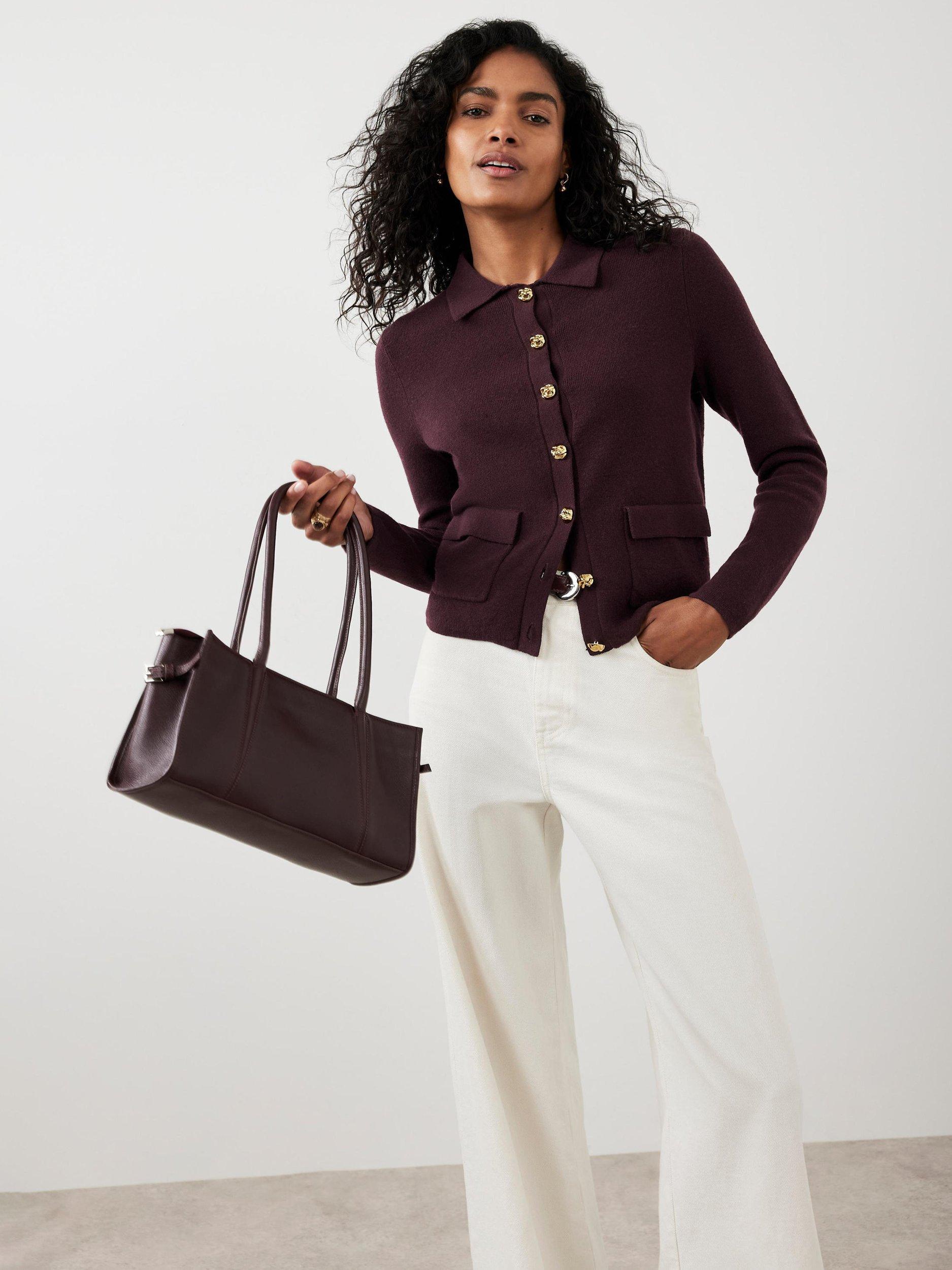 Mint Velvet Collar Fine Knit Cardigan, Burgundy Red