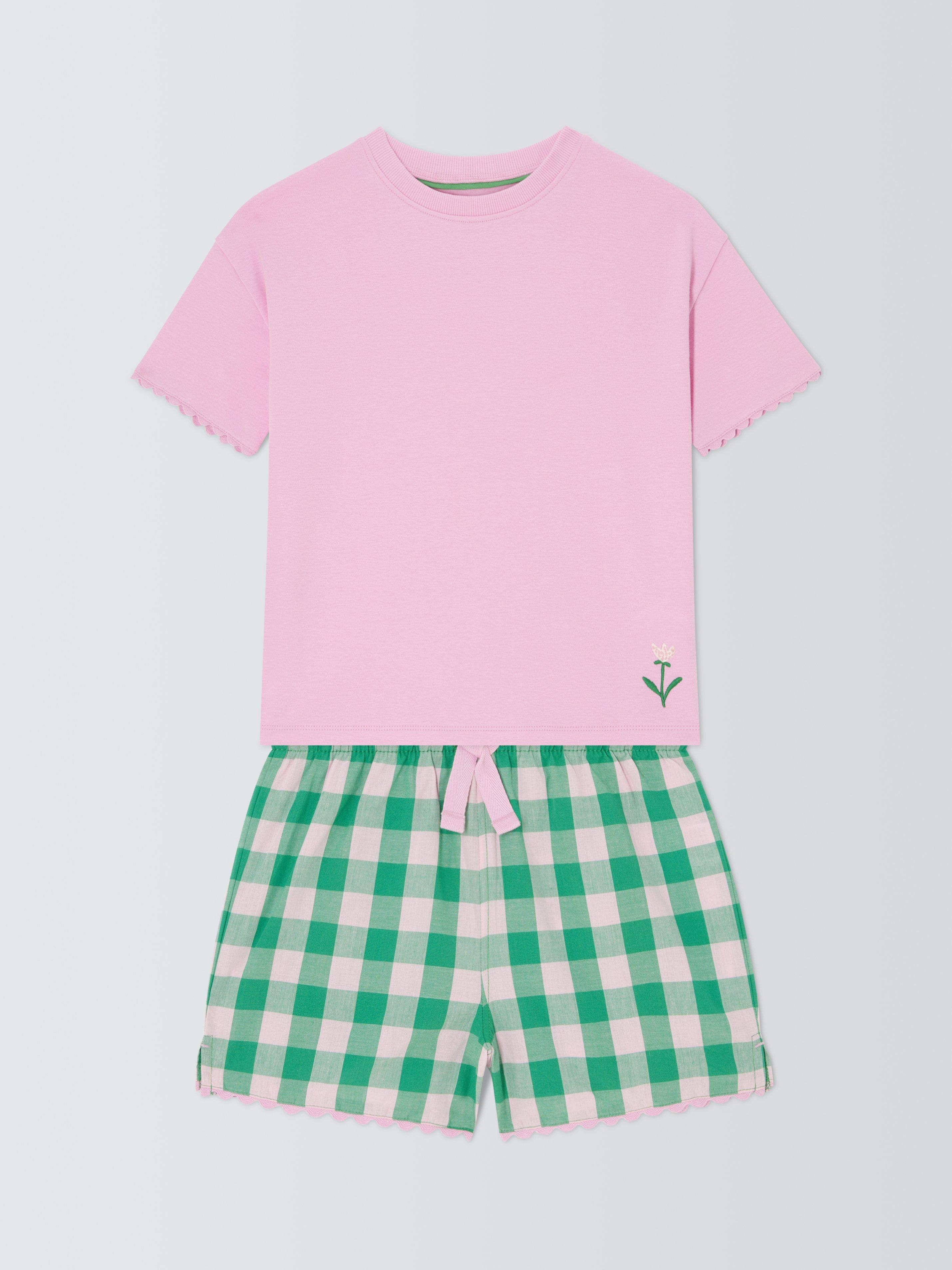 Product image 1 of 3, which shows John Lewis Kids' Scalloped Gingham Short Pyjamas, Pink, 3 years
